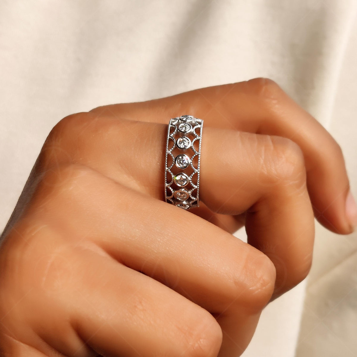 Filigree Moissanite Wedding Band, Vintage Style Eternity Ring