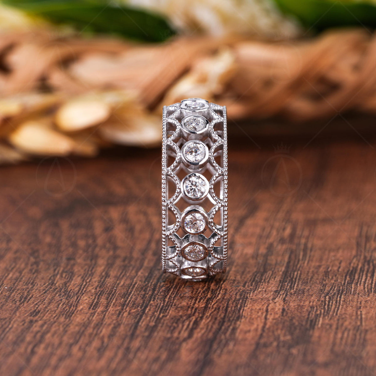 Filigree Moissanite Wedding Band, Vintage Style Eternity Ring