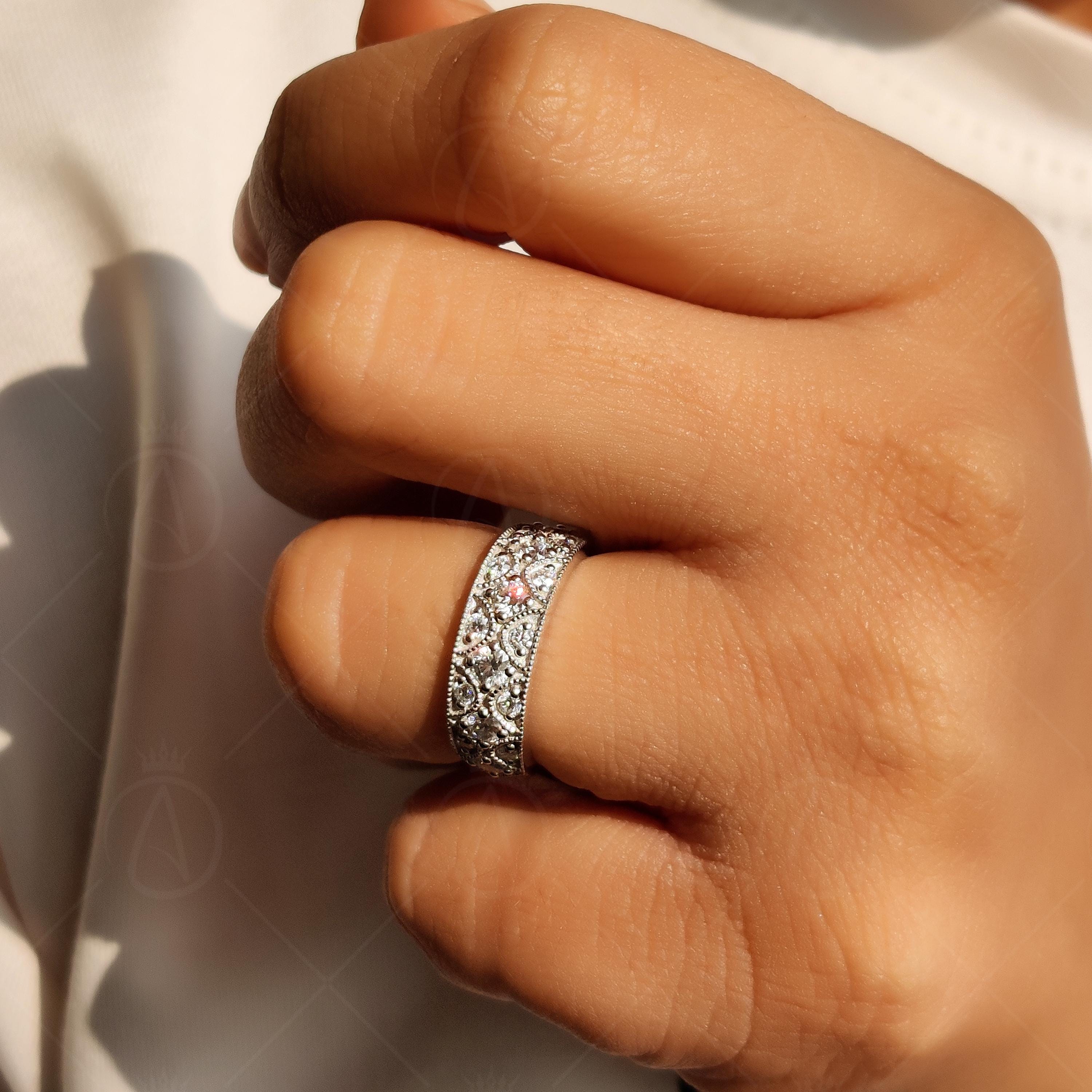 Vintage Art Deco Moissanite Wedding Band, Milgrain Anniversary Ring