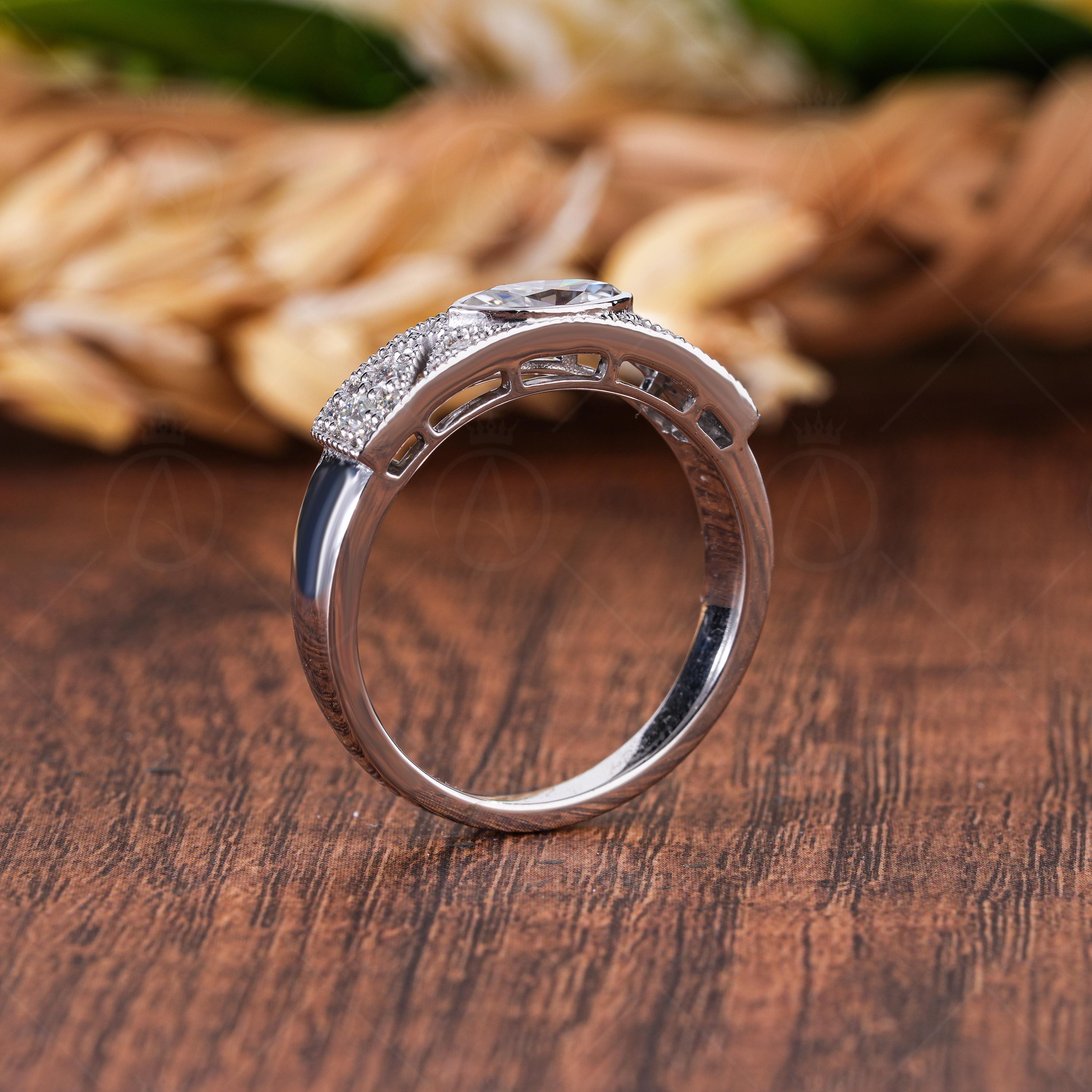 Vintage Style Marquise Moissanite Wedding Band, Milgrain Art Deco Anniversary Ring, Filigree Statement Band