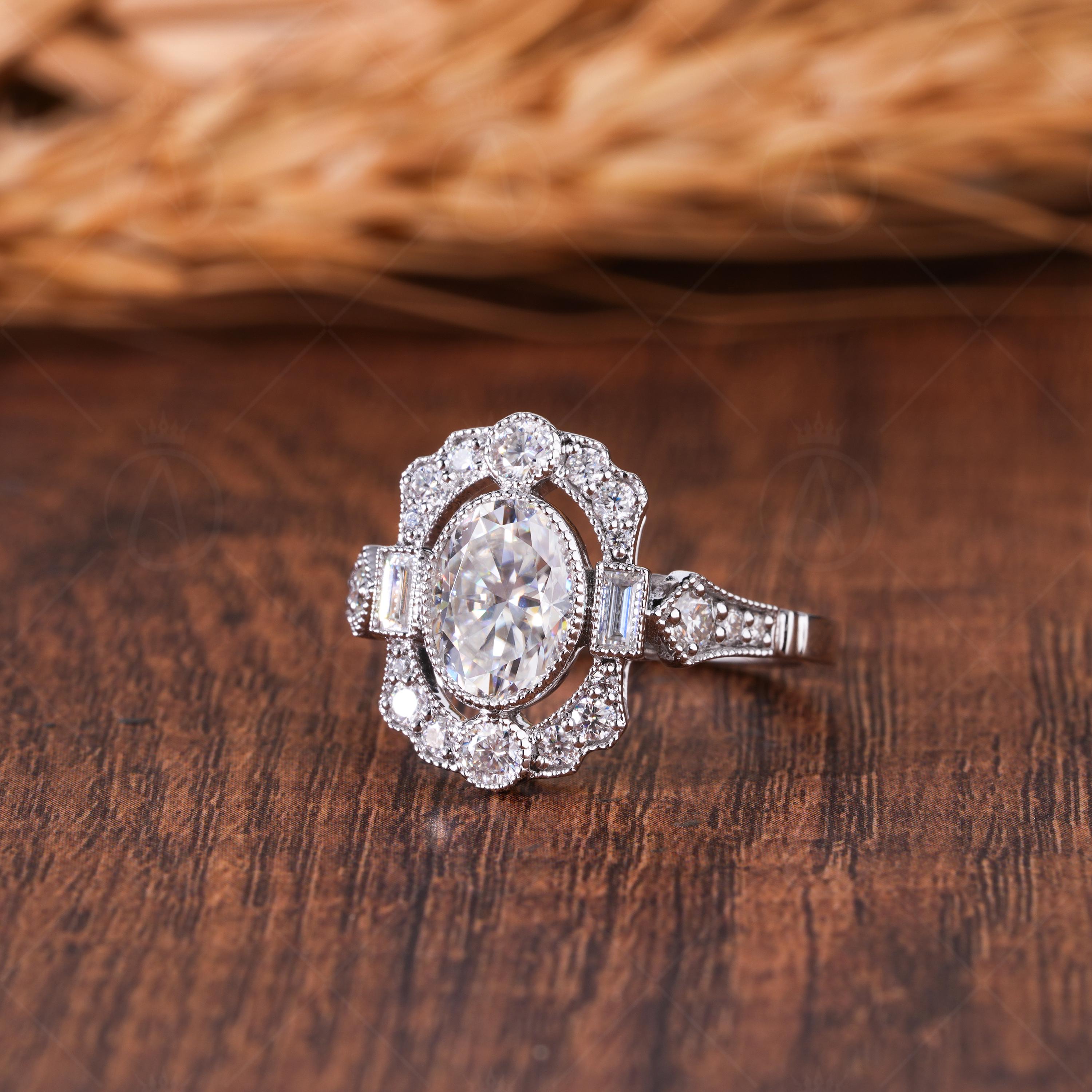 Vintage Inspired Moissanite Oval Cut Halo Milgrain Engagement Ring