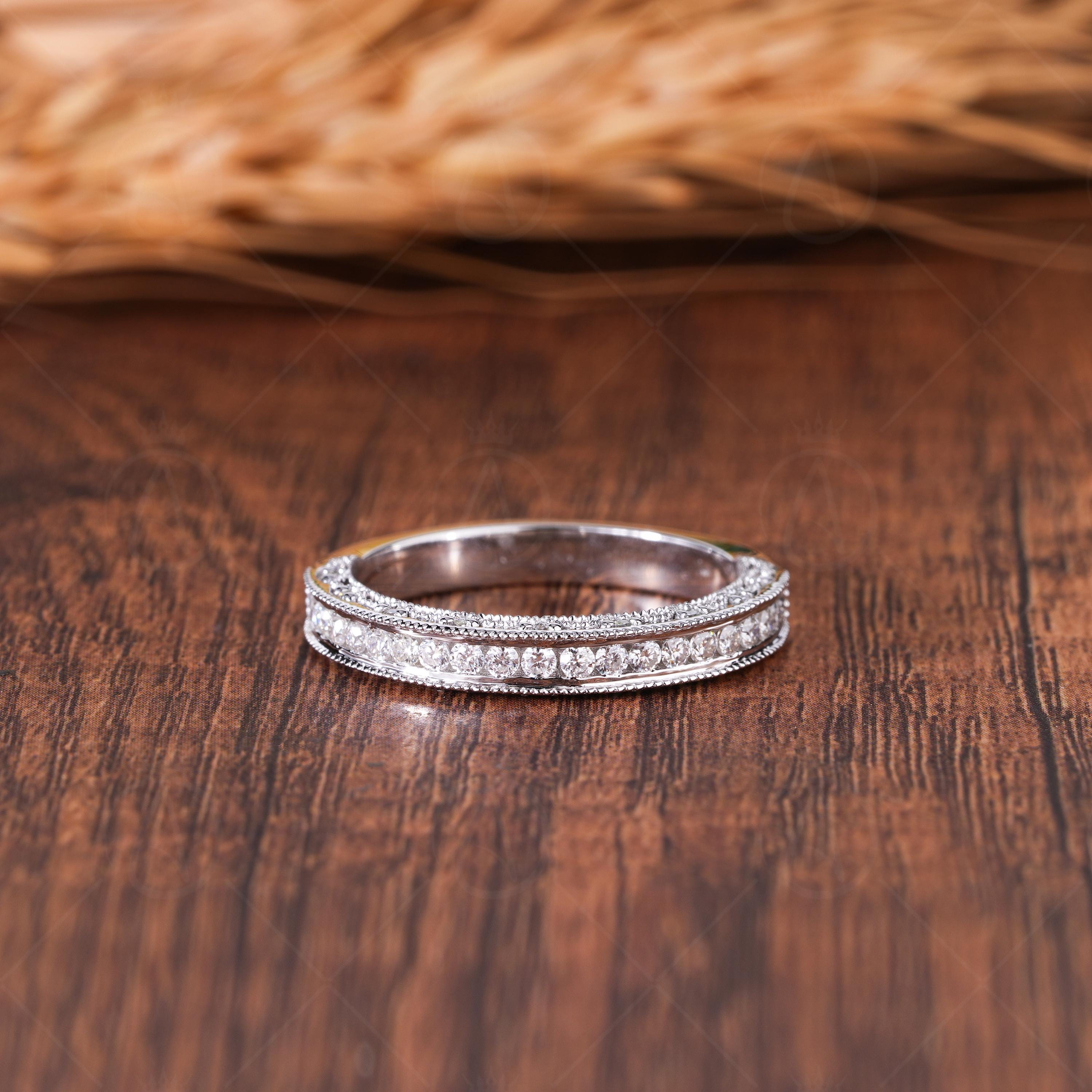 Three-Sided Moissanite Channel Set Milgrain Half Eternity Wedding Band, Vintage Inspired Stacking Ring
