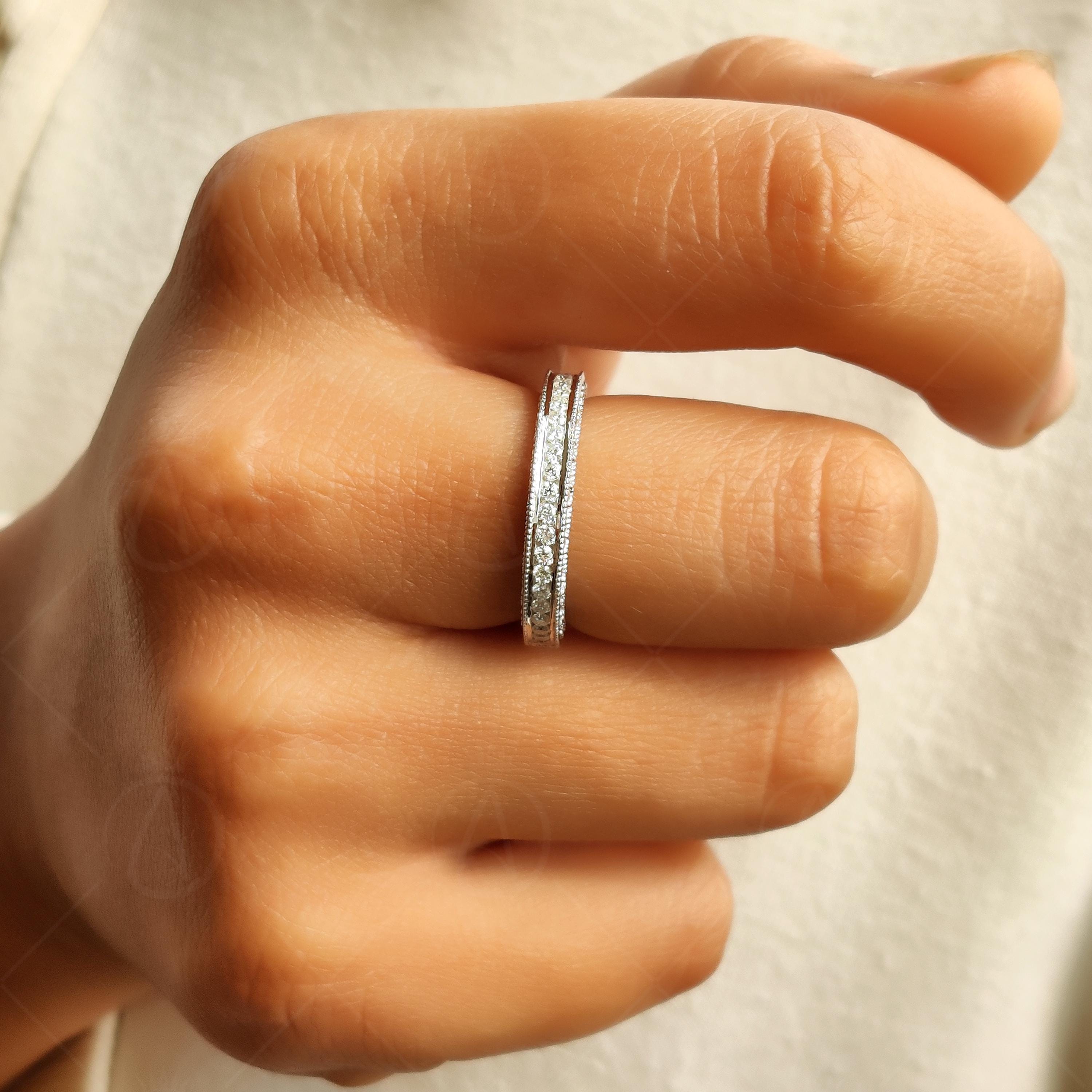 Three-Sided Moissanite Channel Set Milgrain Half Eternity Wedding Band, Vintage Inspired Stacking Ring