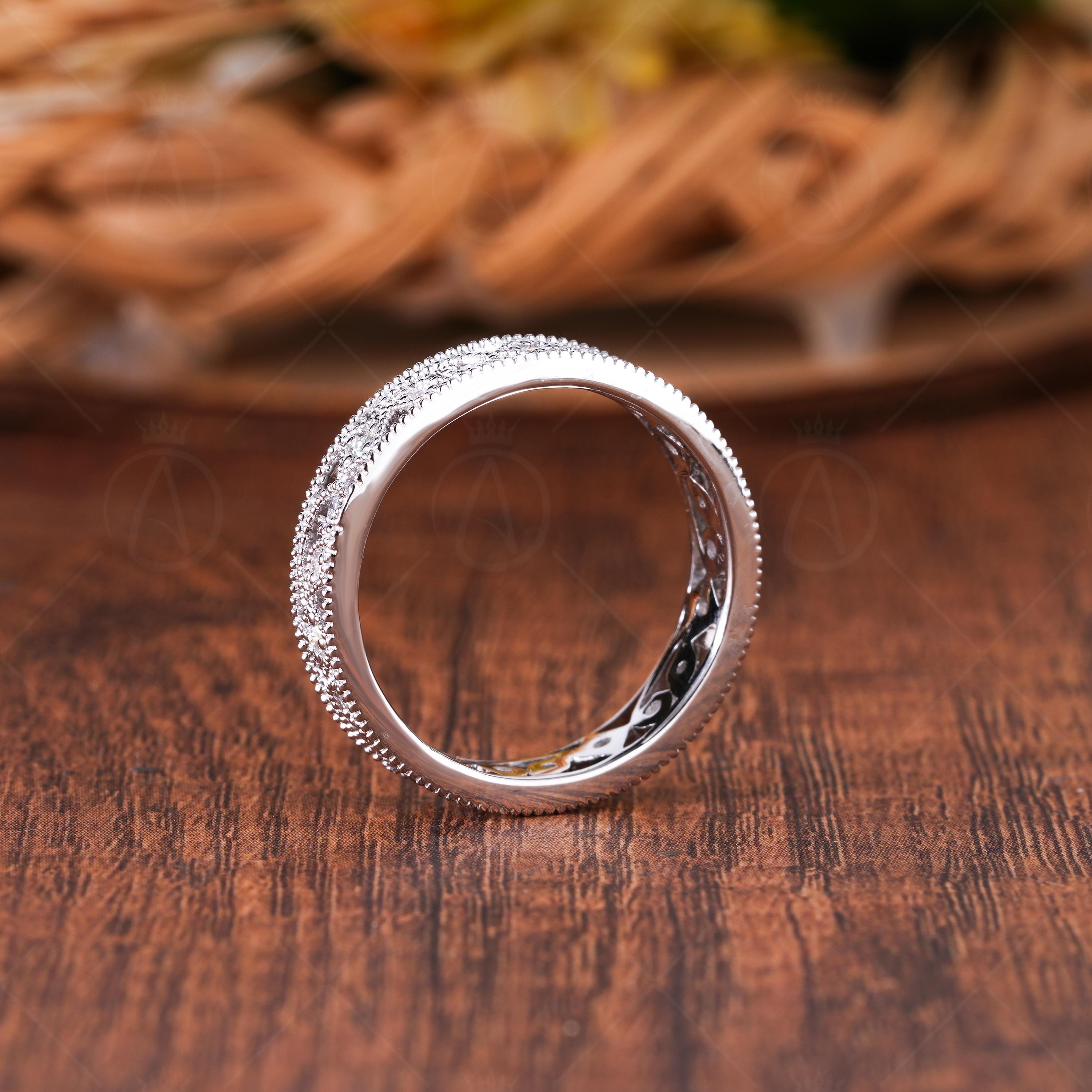 Nature Inspired Moissanite 14K White Gold Wedding Band, Vintage Style Filigree Anniversary Band