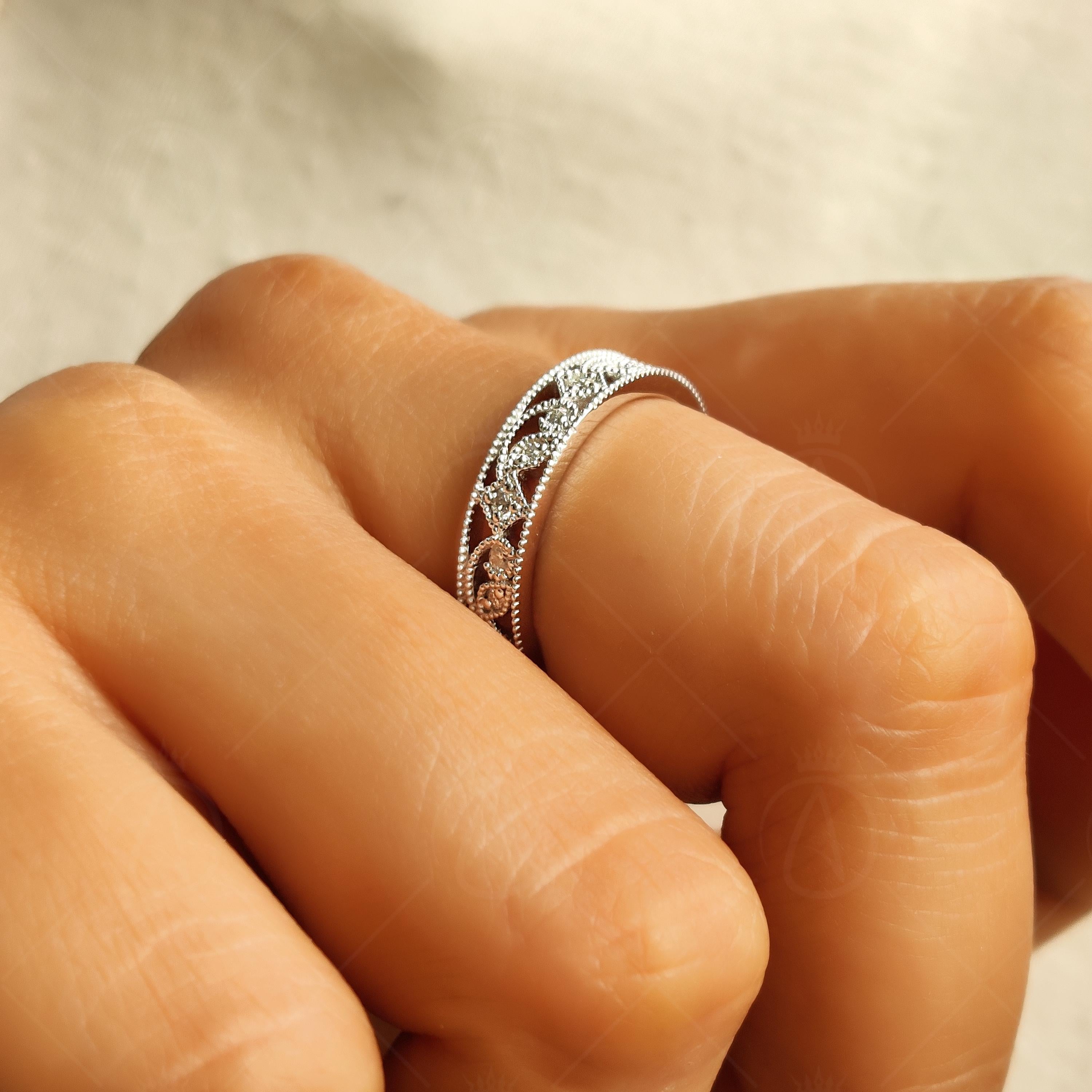 Nature Inspired Moissanite 14K White Gold Wedding Band, Vintage Style Filigree Anniversary Band