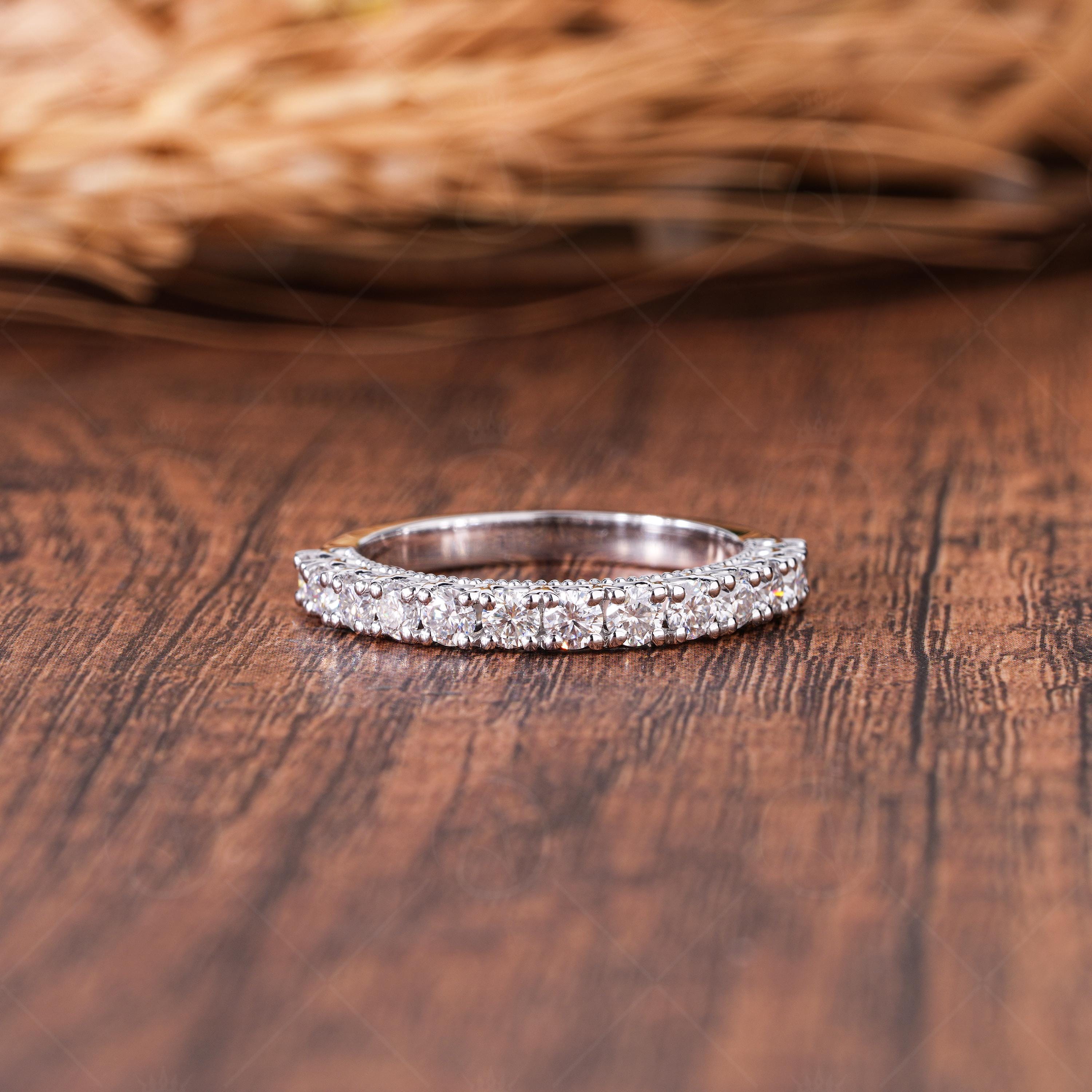 Art Deco Moissanite Wedding Band, Milgrain Half Eternity Vintage Style Matching Band