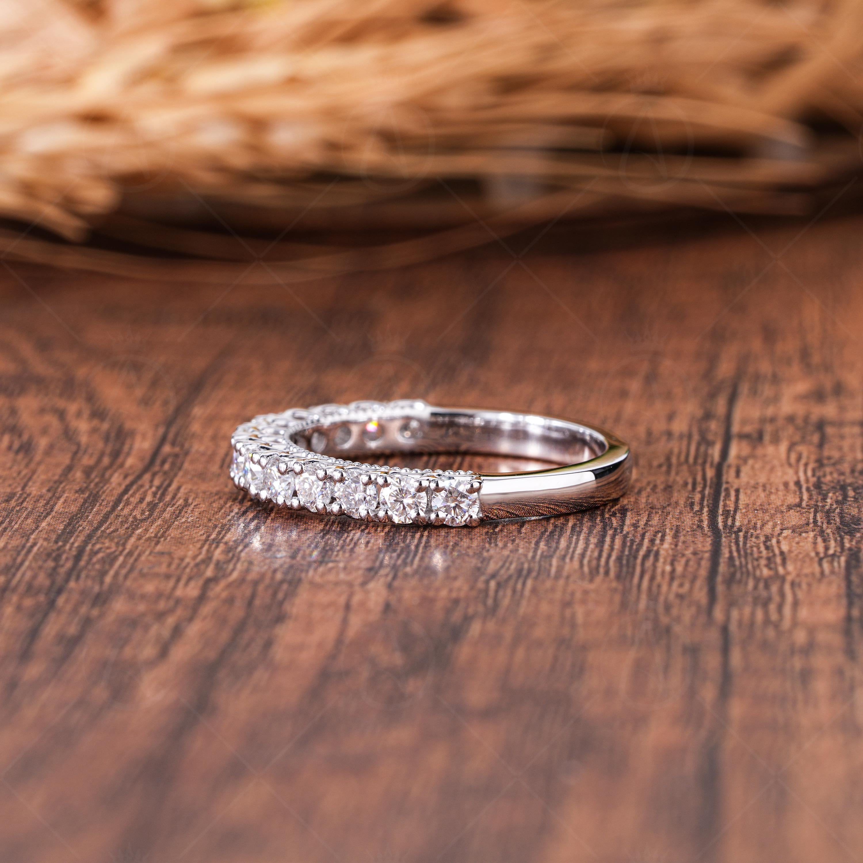 Art Deco Moissanite Wedding Band, Milgrain Half Eternity Vintage Style Matching Band