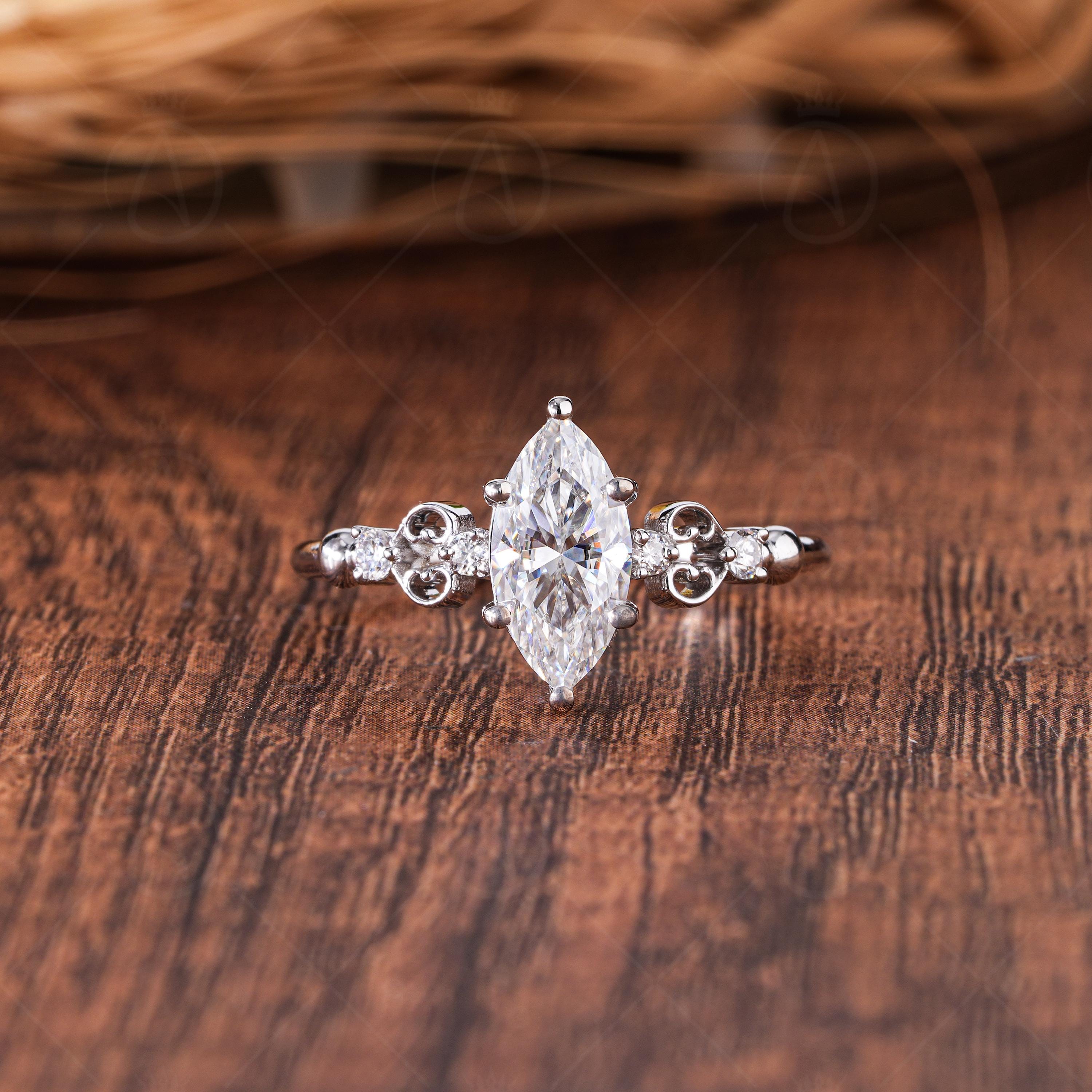 Vintage Marquise Cut Moissanite Engagement Ring, Five Stones Unique Art Deco Minimalist Ring