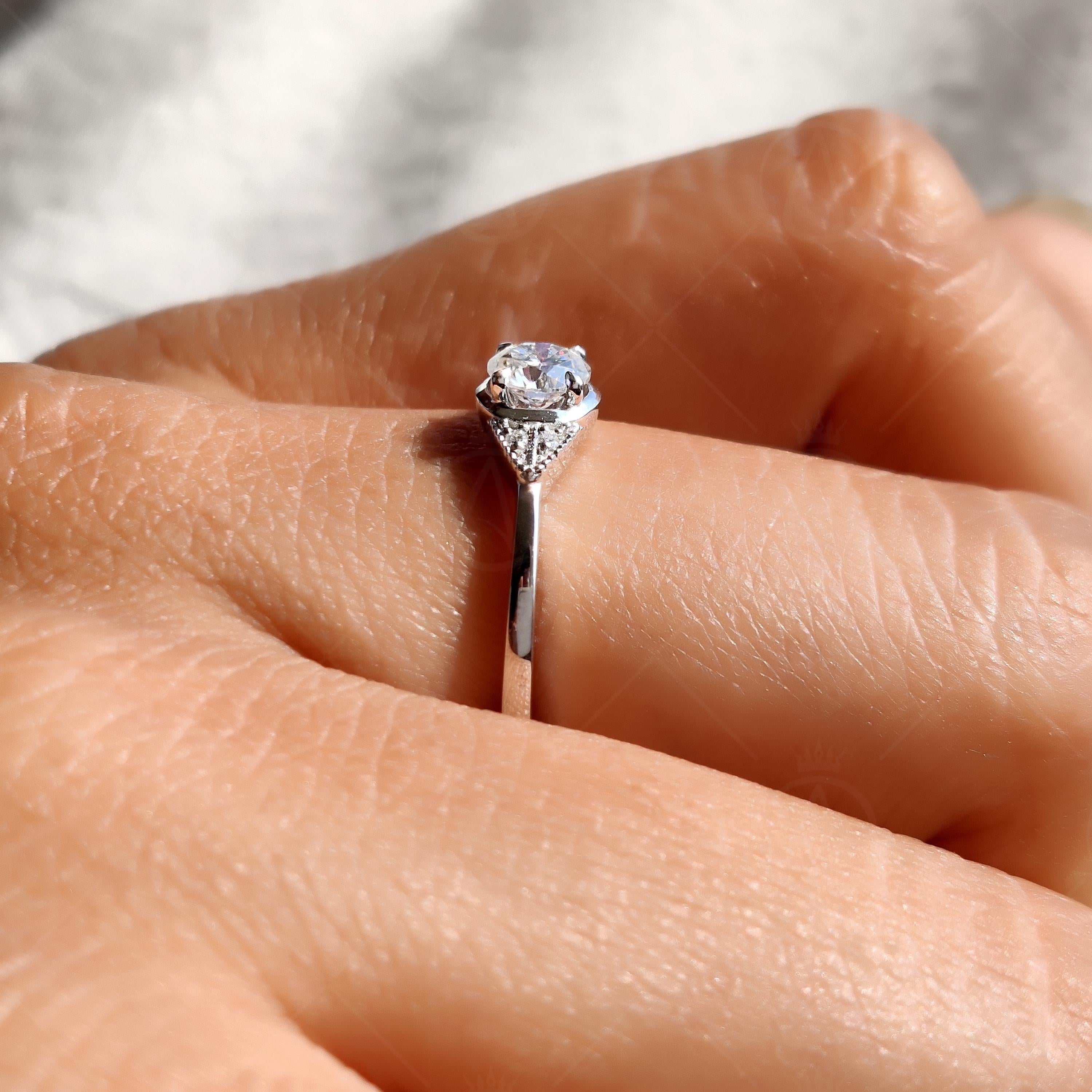 Milgrain Round Cut Moissanite Solitaire Engagement Ring, Five Stone Art Deco Promise Ring