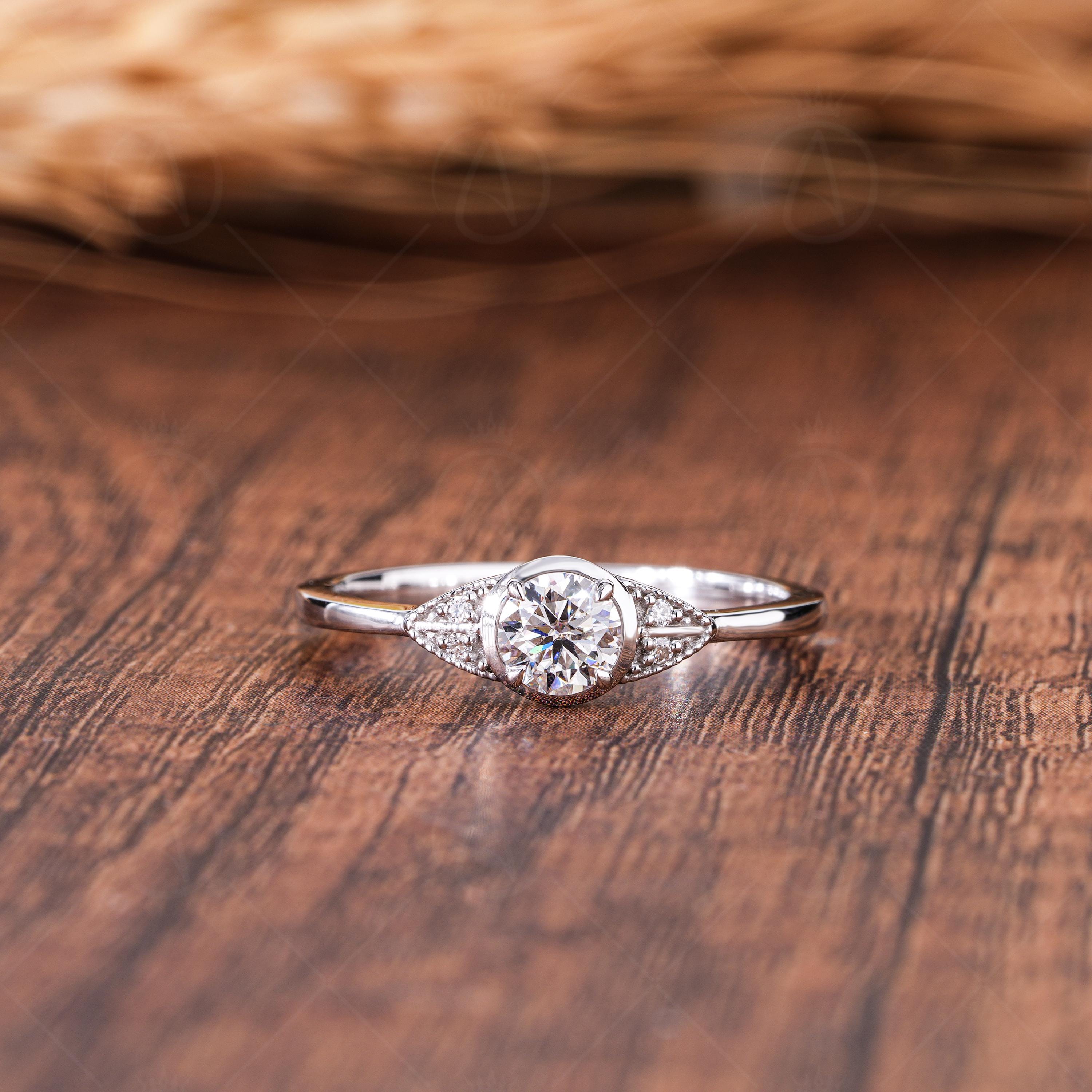 Milgrain Round Cut Moissanite Solitaire Engagement Ring, Five Stone Art Deco Promise Ring