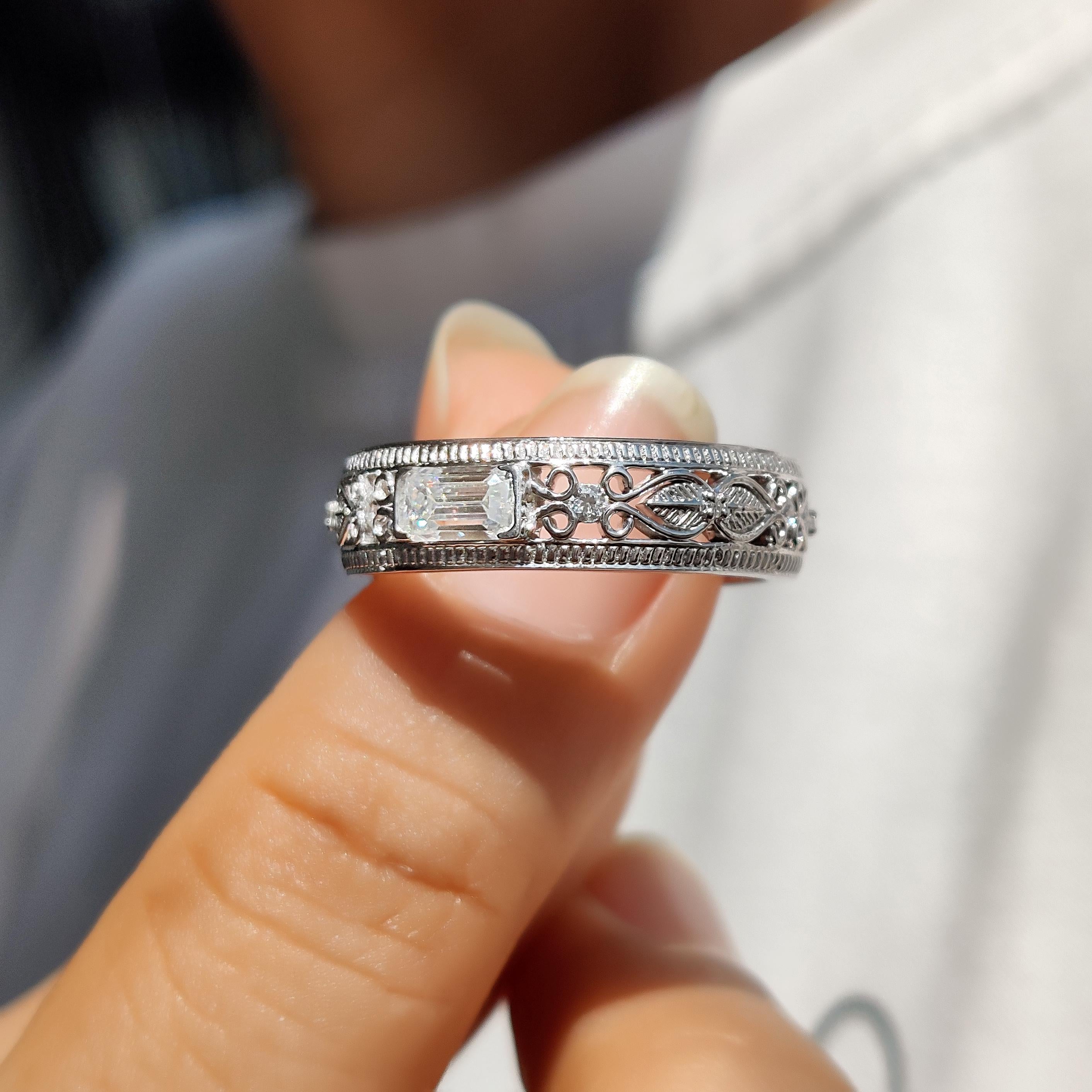 Bezel Set Emerald Cut Moissanite Band, Vintage Filigree Wedding Ring, Art Deco Milgrain Stackable Band