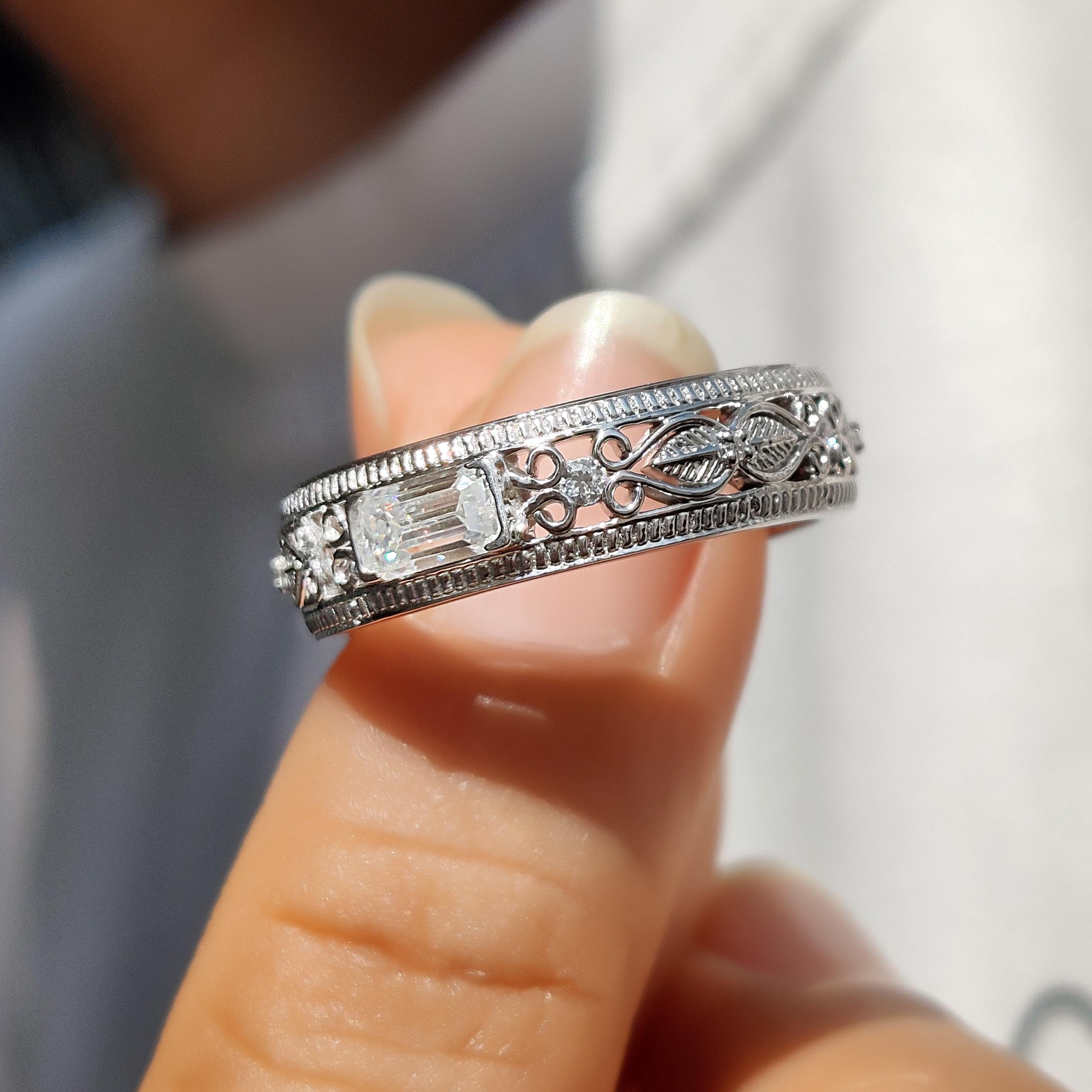 Bezel Set Emerald Cut Moissanite Band, Vintage Filigree Wedding Ring, Art Deco Milgrain Stackable Band
