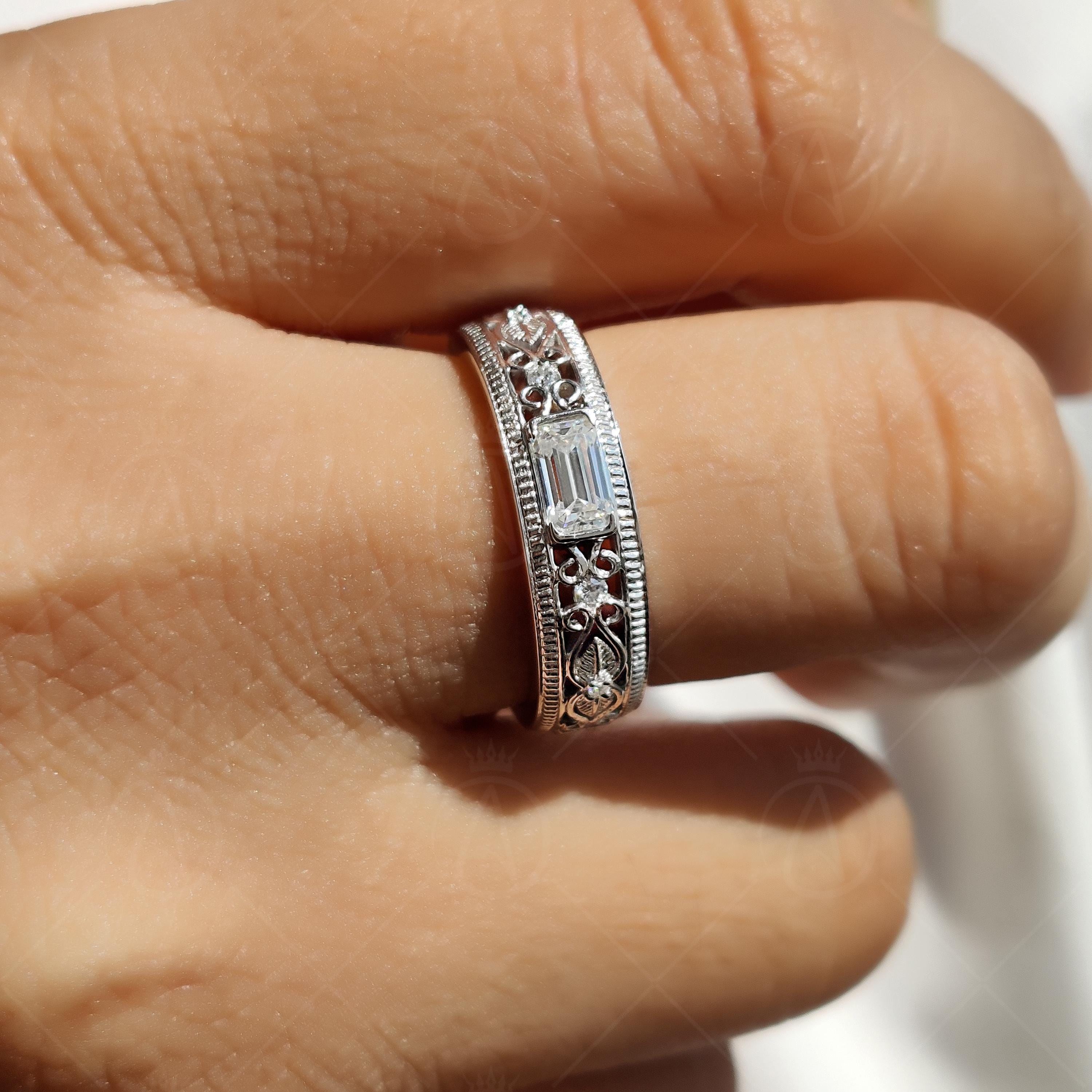 Bezel Set Emerald Cut Moissanite Band, Vintage Filigree Wedding Ring, Art Deco Milgrain Stackable Band