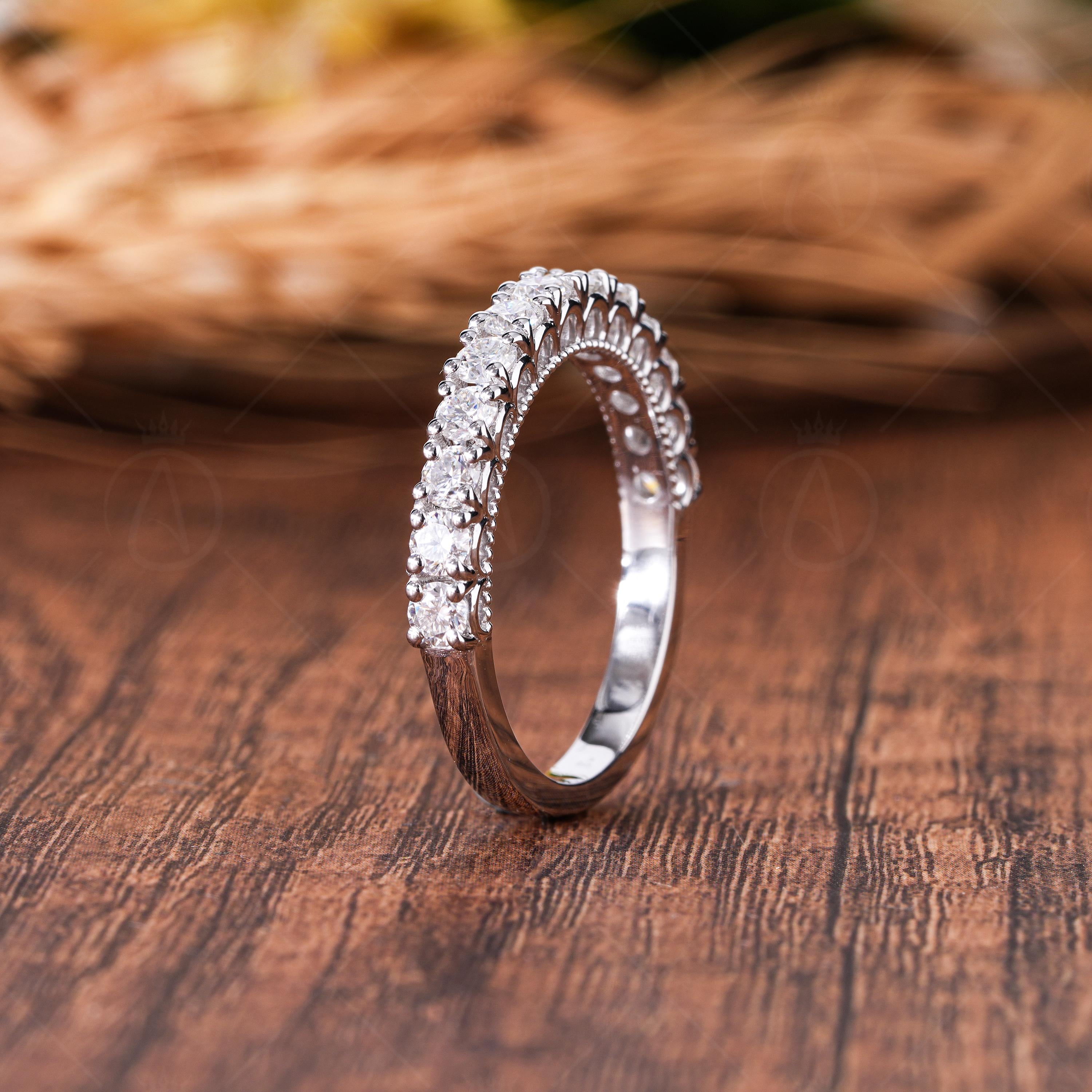Art Deco Moissanite Wedding Band, Milgrain Half Eternity Vintage Style Matching Band