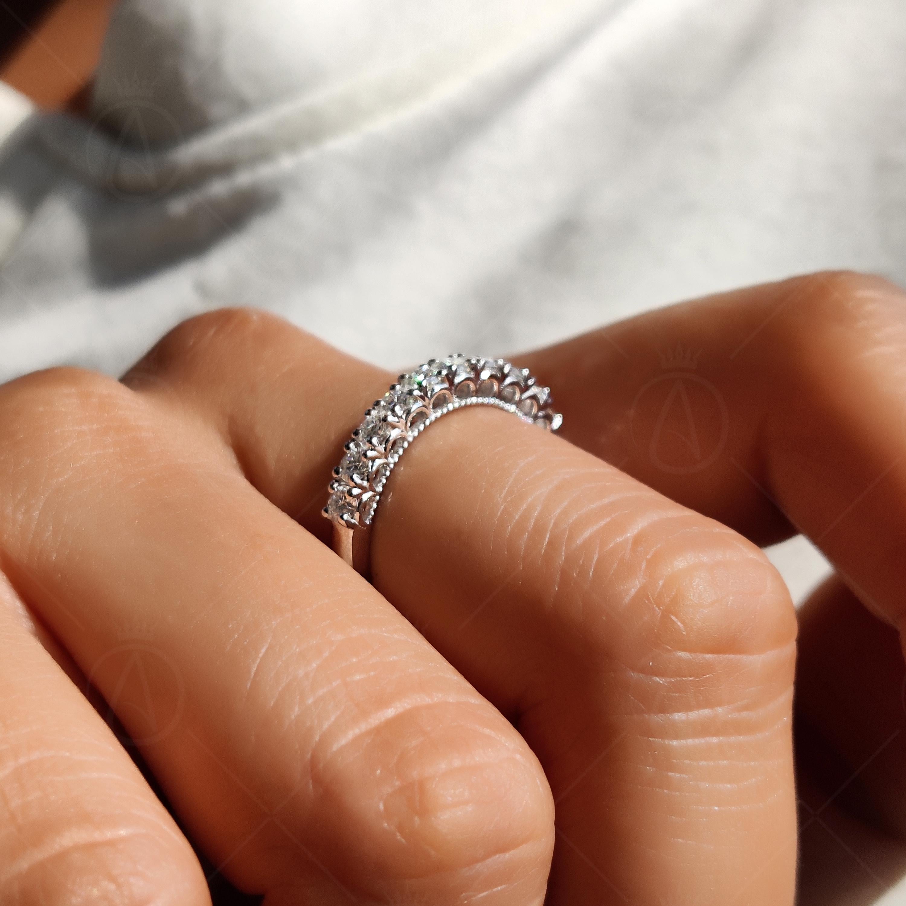 Art Deco Moissanite Wedding Band, Milgrain Half Eternity Vintage Style Matching Band