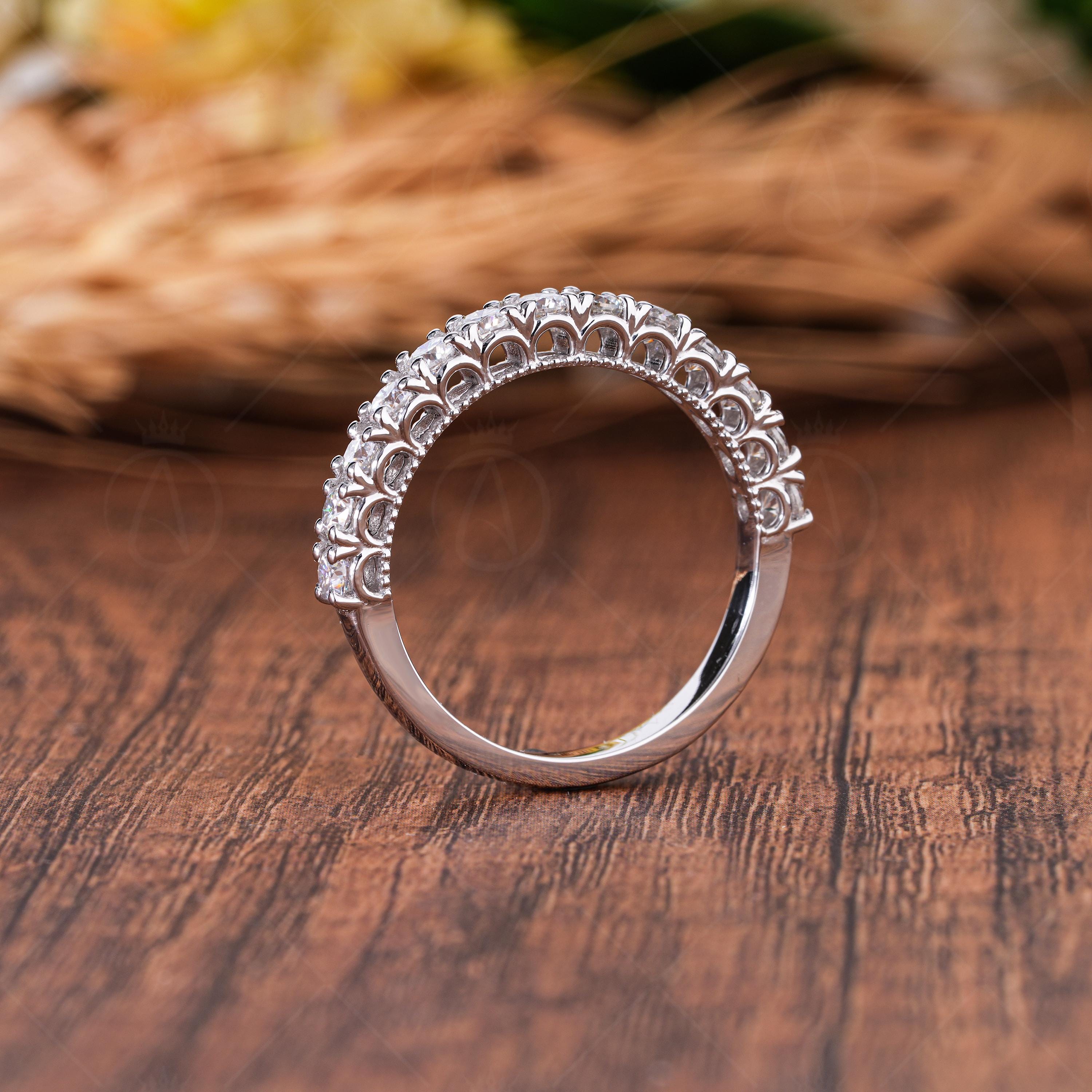 Art Deco Moissanite Wedding Band, Milgrain Half Eternity Vintage Style Matching Band