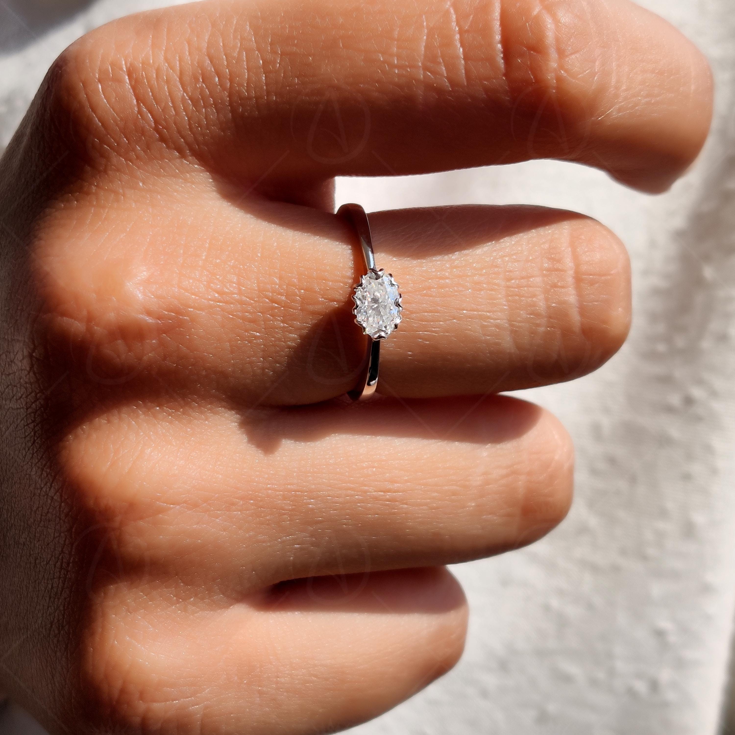 Tulip Setting Oval Cut Solitaire Moissanite Engagement Ring, Floral Solid Gold Art Deco Ring
