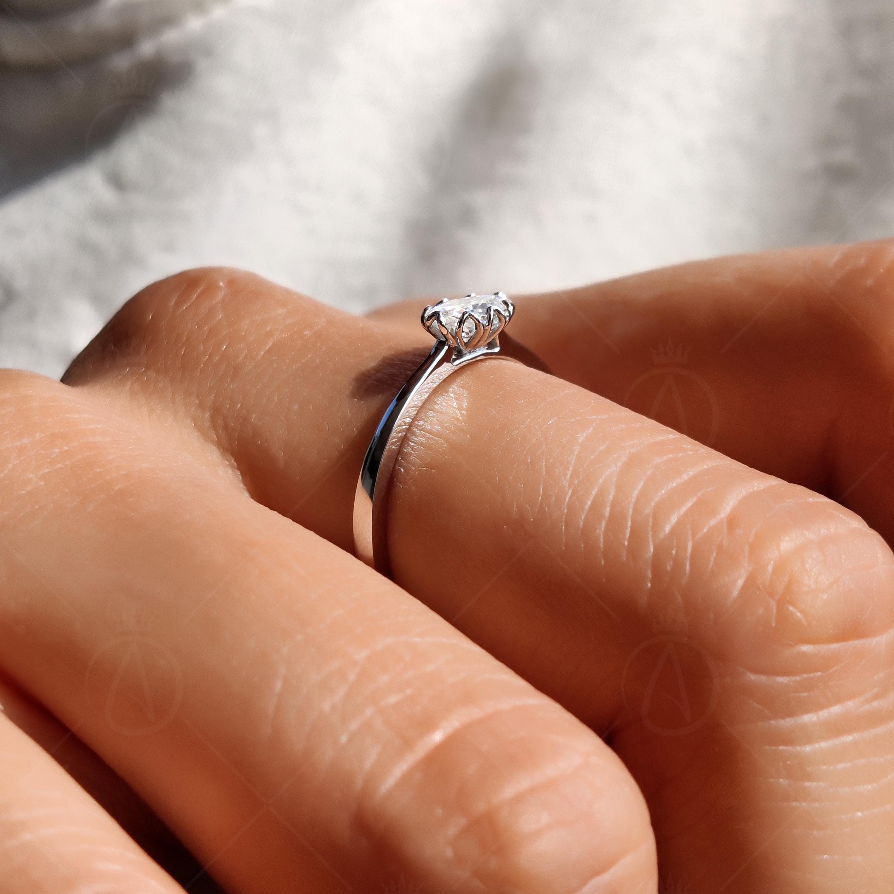 Tulip Setting Oval Cut Solitaire Moissanite Engagement Ring, Floral Solid Gold Art Deco Ring