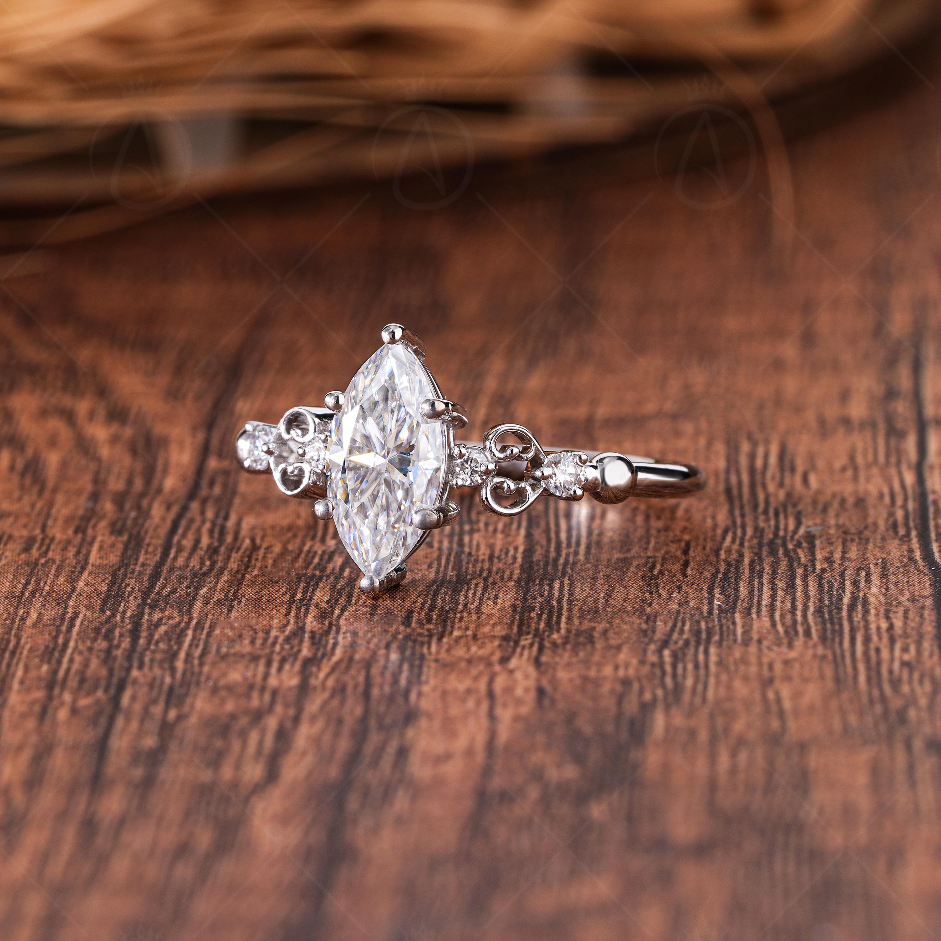 Vintage Marquise Cut Moissanite Engagement Ring, Five Stones Unique Art Deco Minimalist Ring