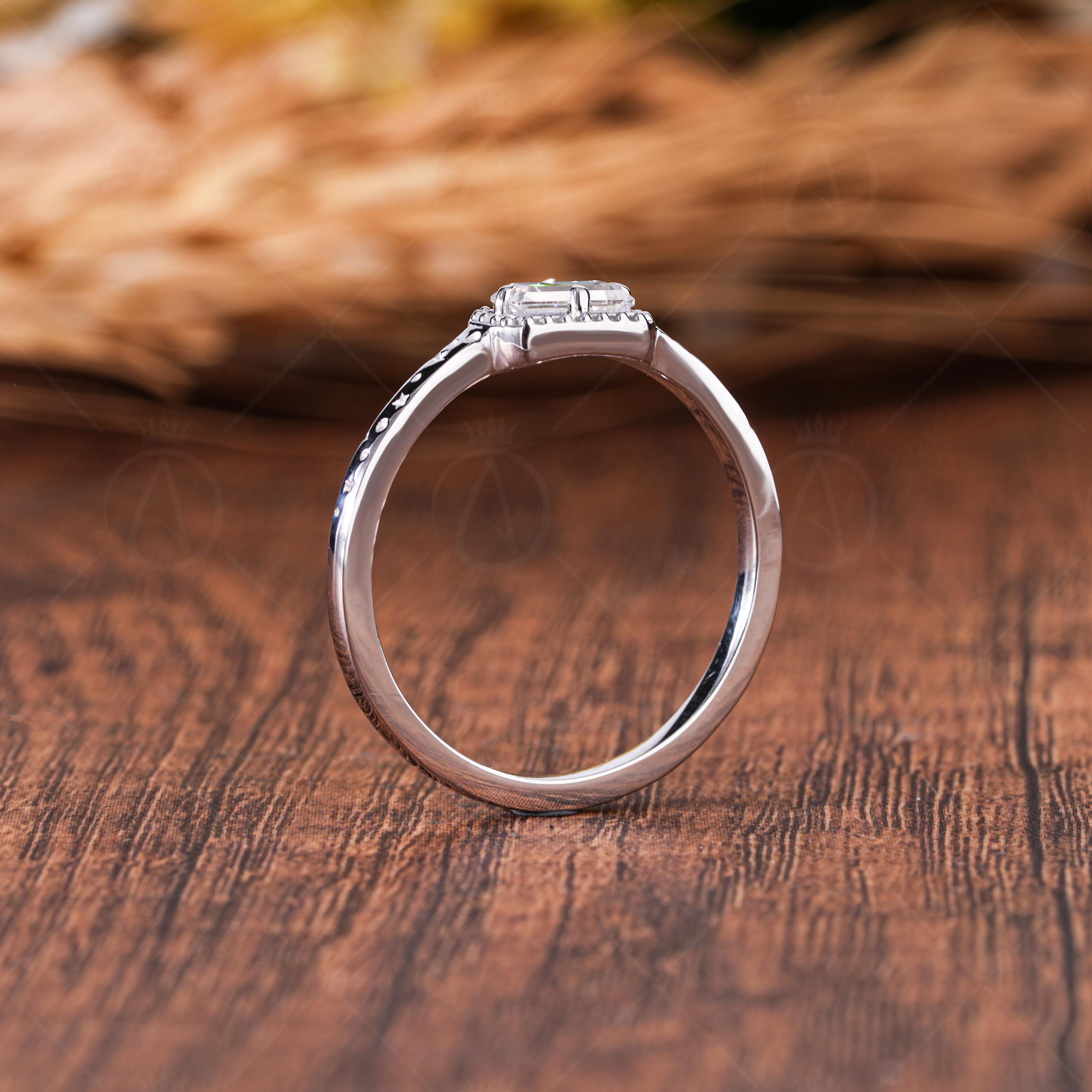Baguette Cut Moissanite Solitaire Engagement Ring, Unique Engrave Minimalist Ring