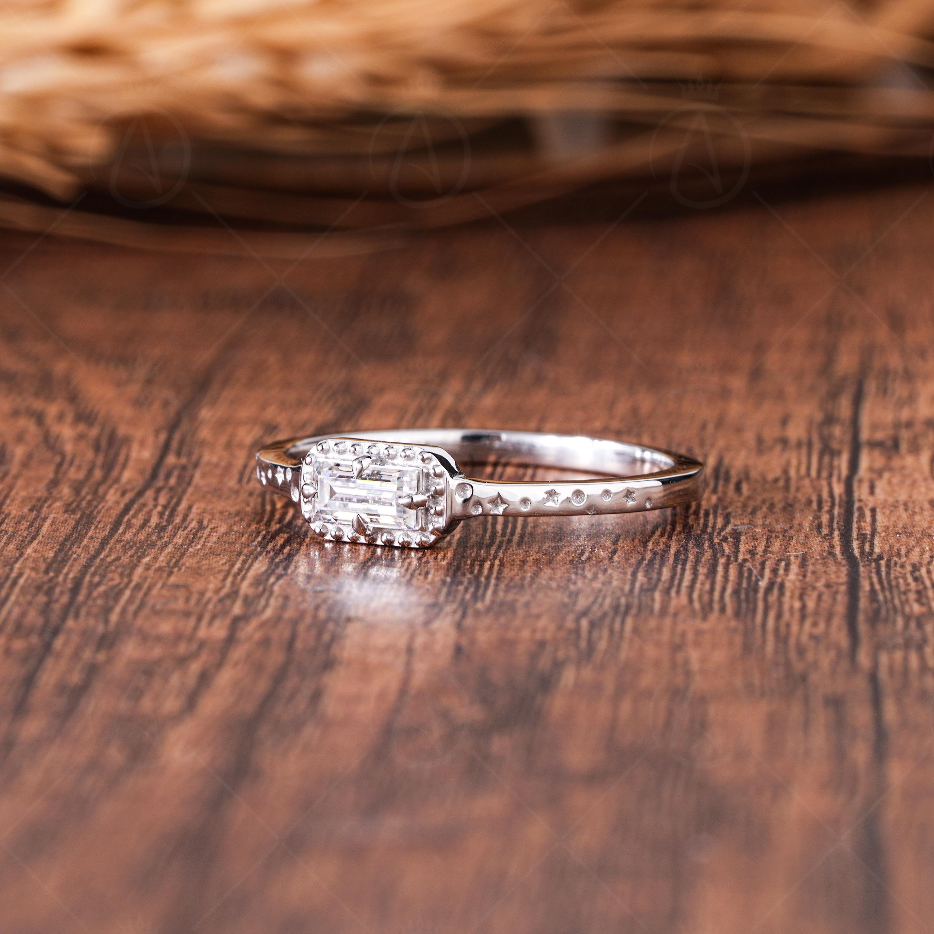 Baguette Cut Moissanite Solitaire Engagement Ring, Unique Engrave Minimalist Ring