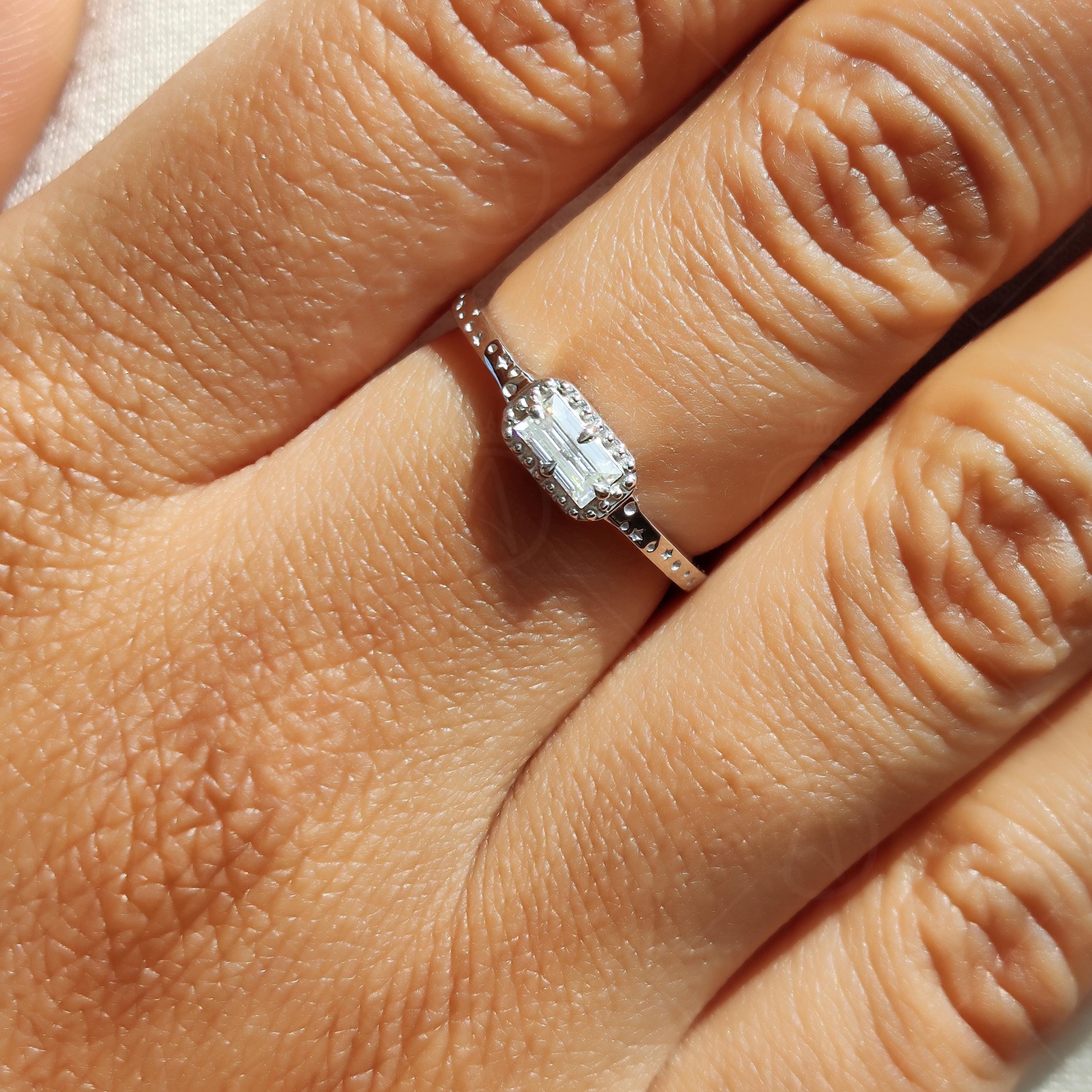 Baguette Cut Moissanite Solitaire Engagement Ring, Unique Engrave Minimalist Ring