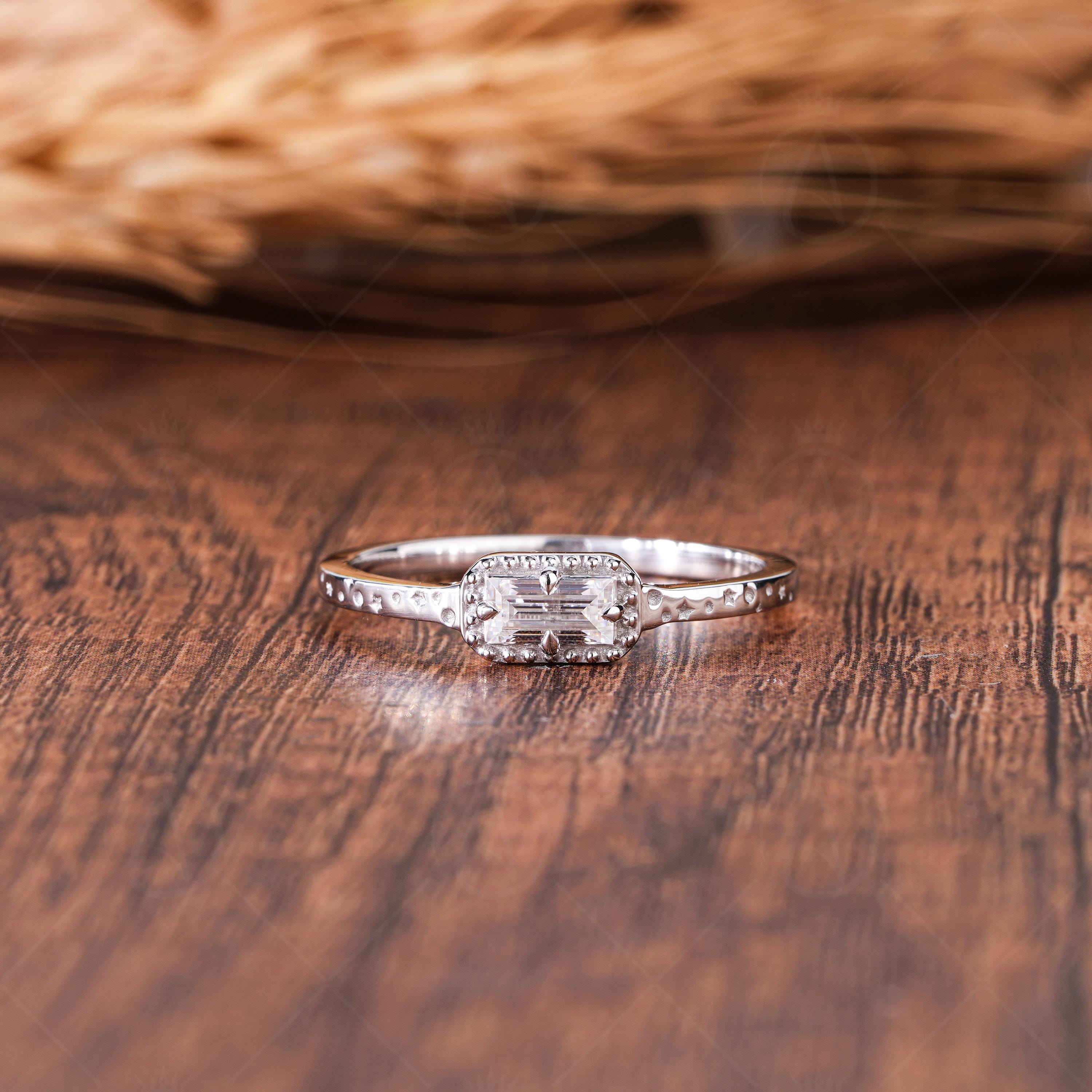 Baguette Cut Moissanite Solitaire Engagement Ring, Unique Engrave Minimalist Ring