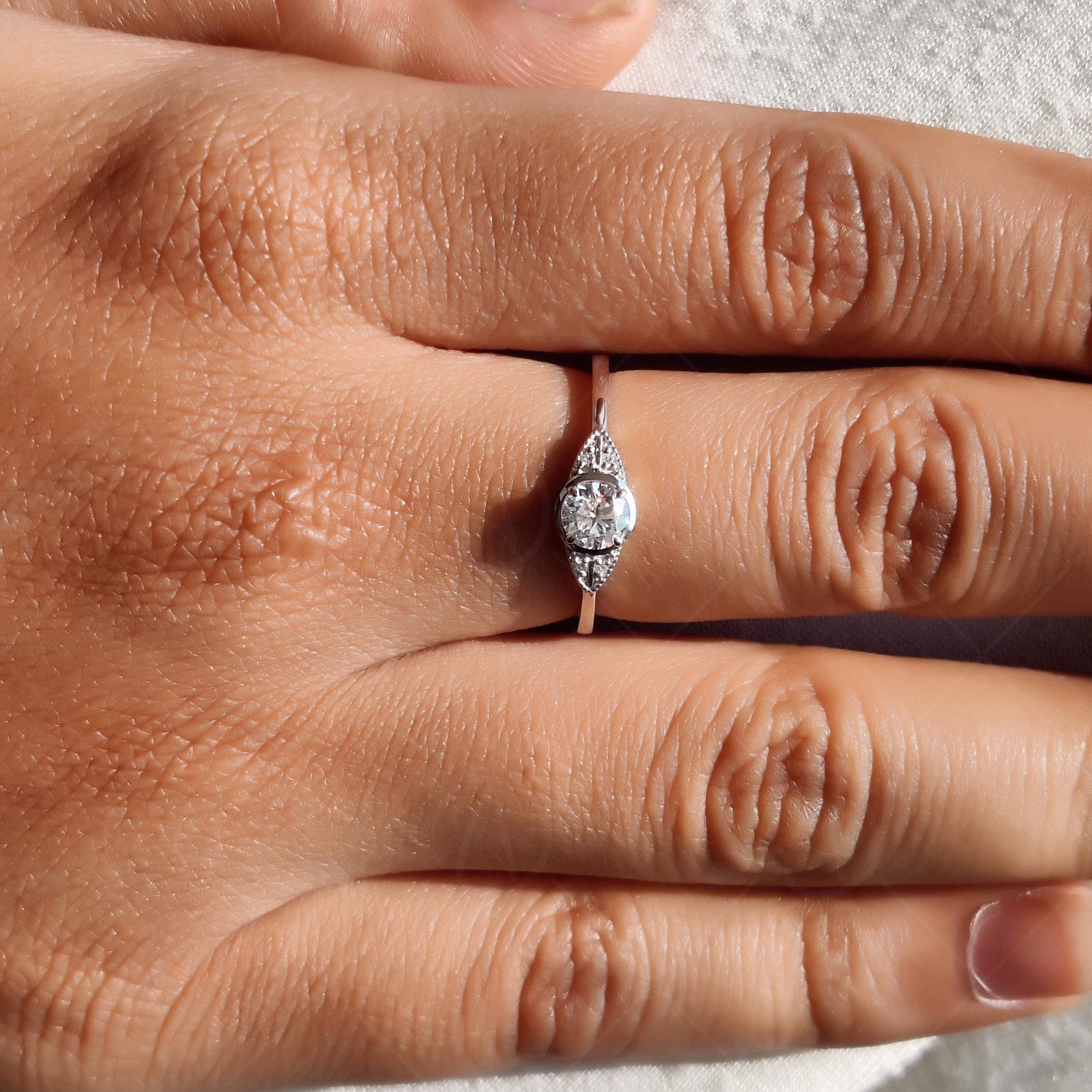 Milgrain Round Cut Moissanite Solitaire Engagement Ring, Five Stone Art Deco Promise Ring