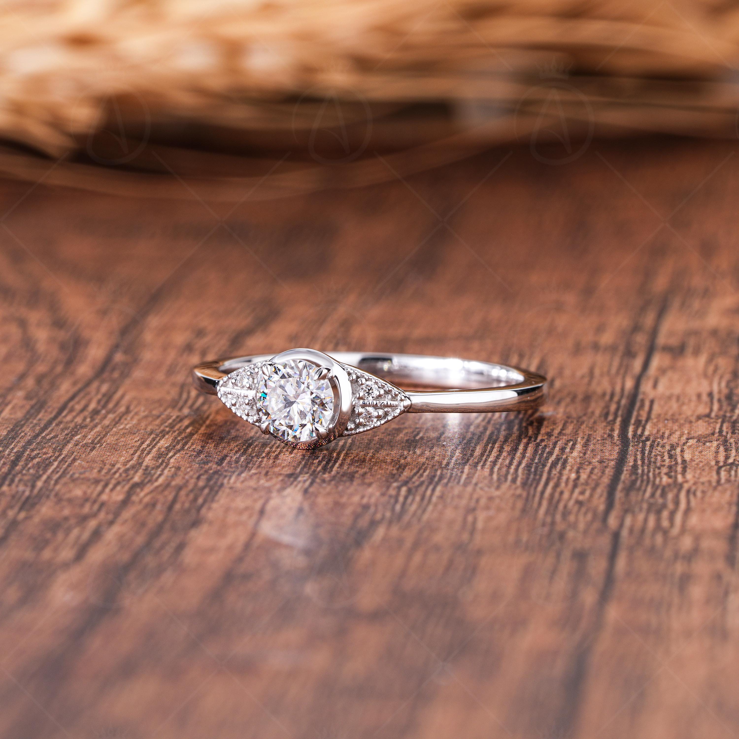 Milgrain Round Cut Moissanite Solitaire Engagement Ring, Five Stone Art Deco Promise Ring