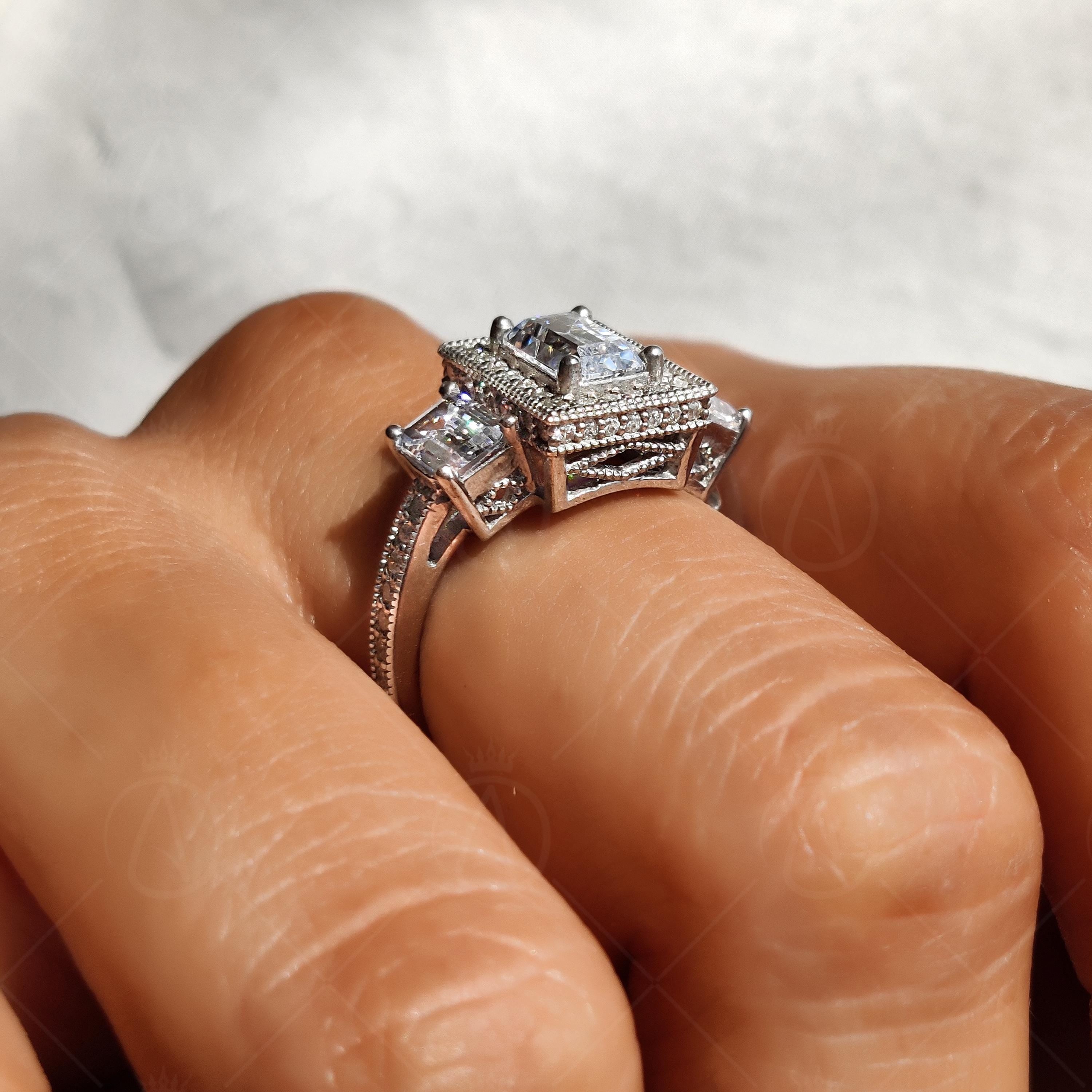 Three Stone Emerald Cut Vintage Engagement Ring