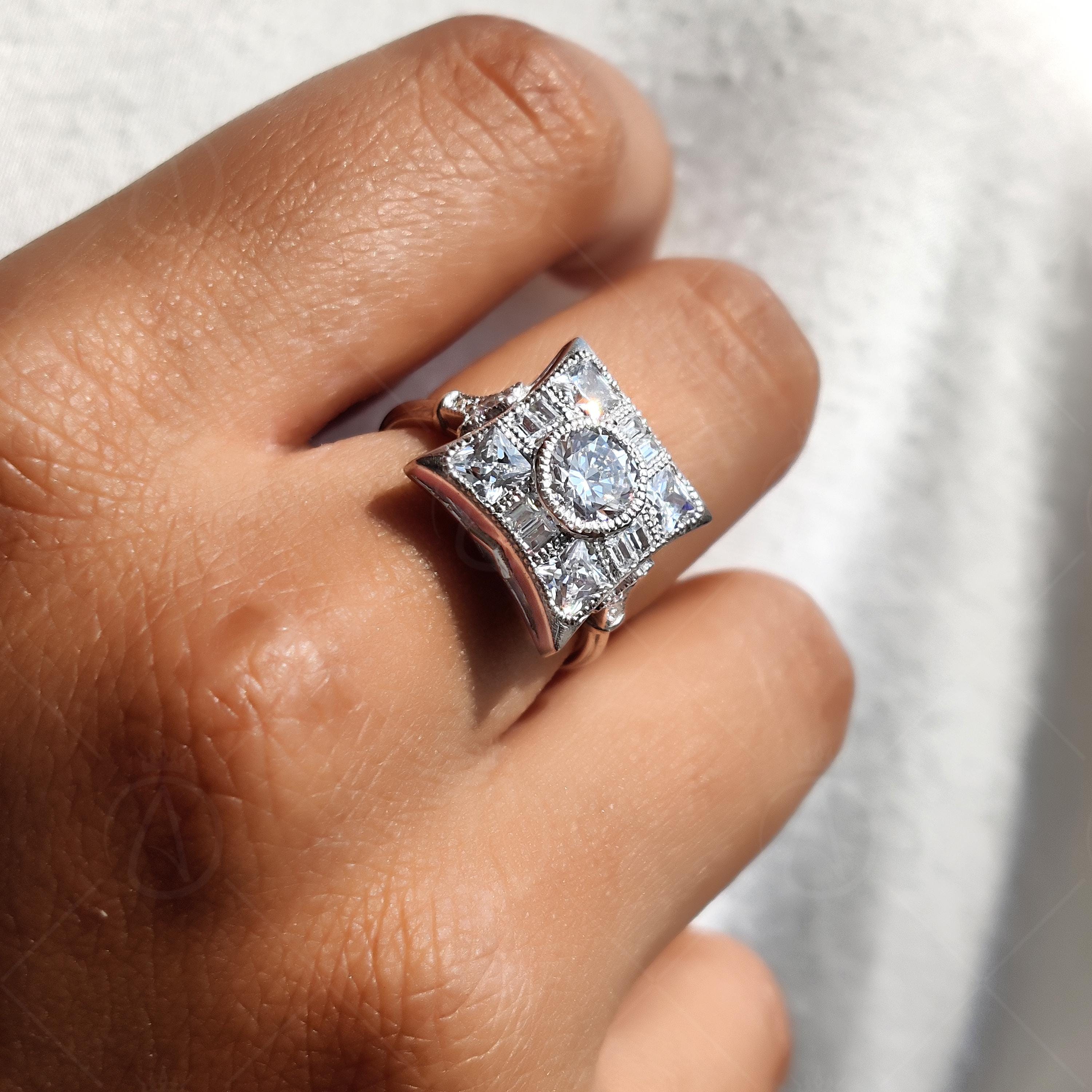 Unique Square Shape Round Halo Engagement Ring