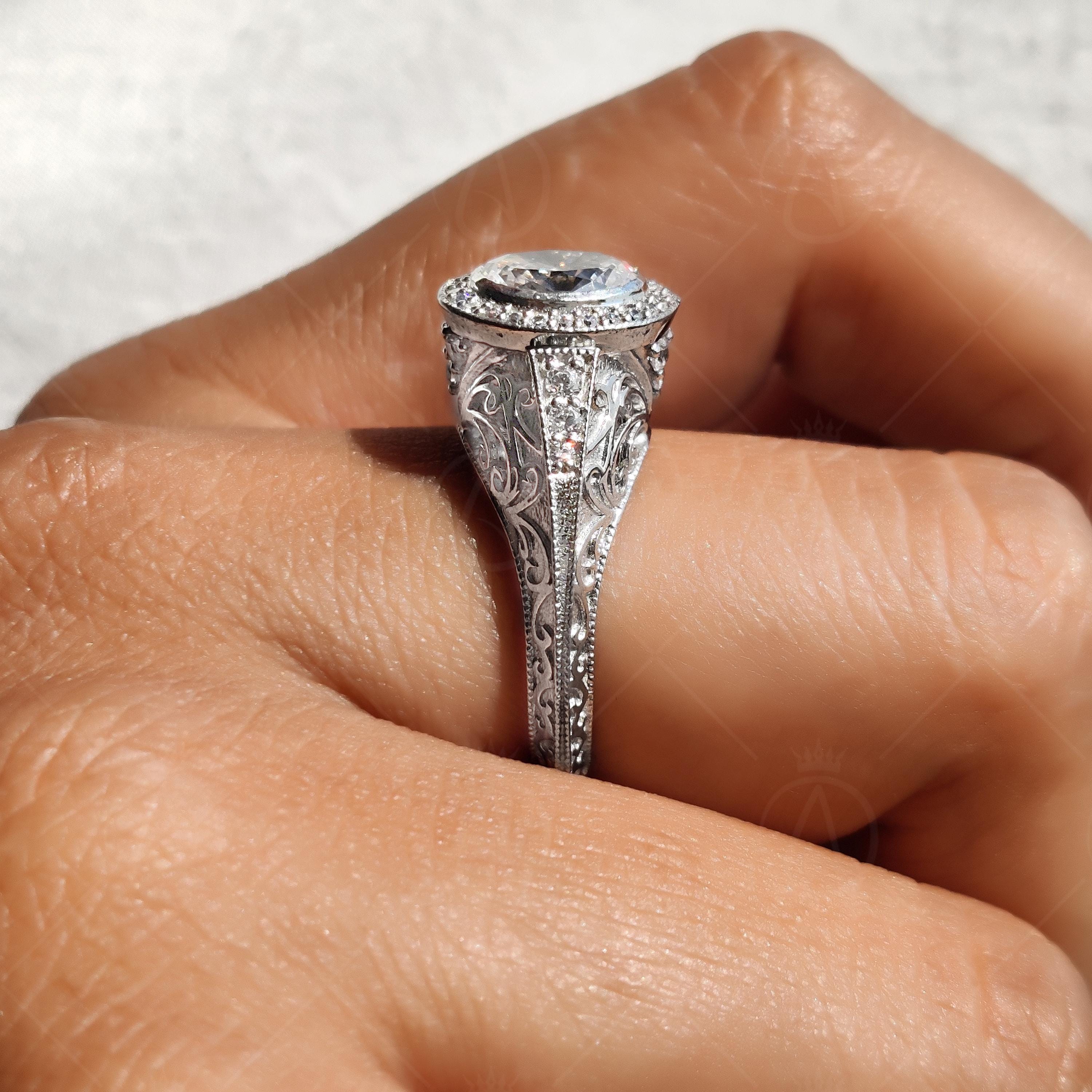 Edwardian Carving Bezel Set Oval Halo Engagement Ring