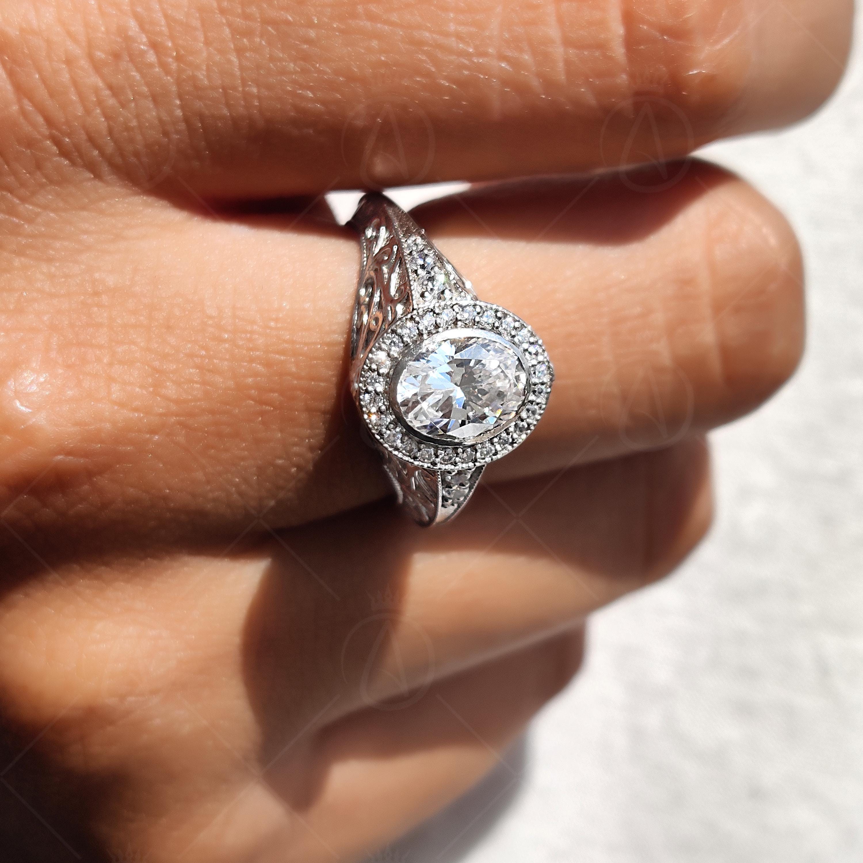 Edwardian Carving Bezel Set Oval Halo Engagement Ring