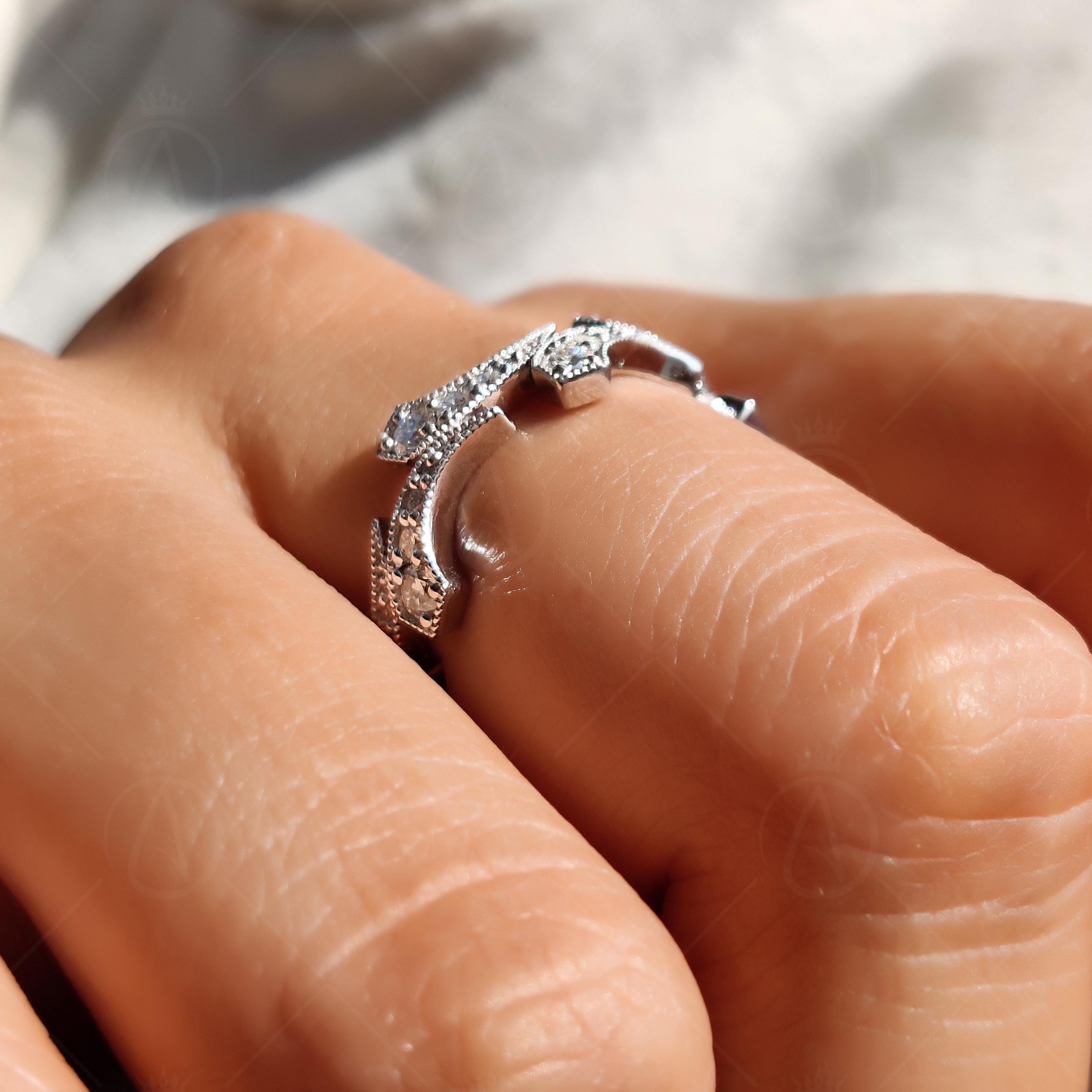 Vintage Moissanite Band, Curved Wedding Band, Art Deco Filigree Ring, Milgrain Stackable Ring, Unique Contour Wedding Ring