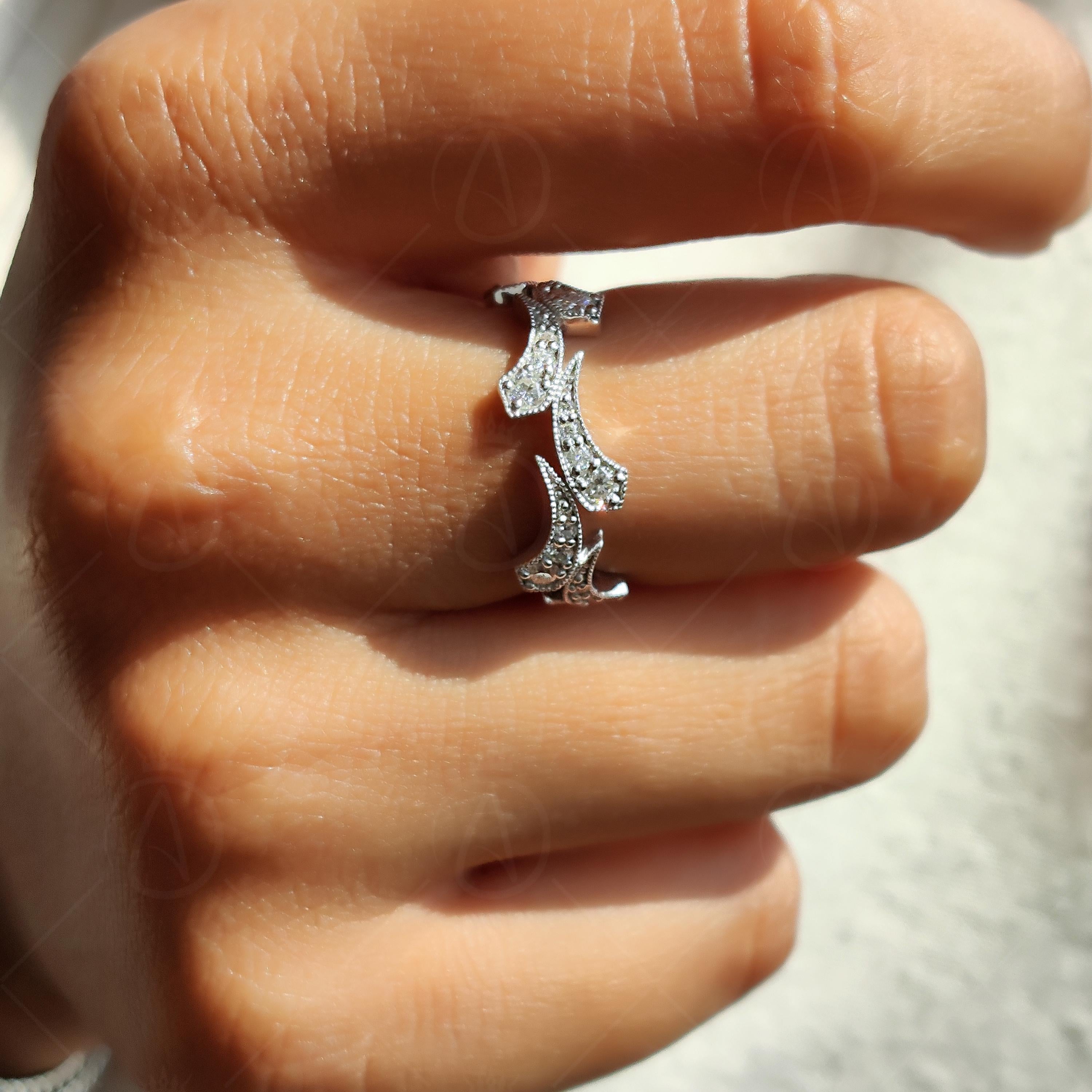 Vintage Moissanite Band, Curved Wedding Band, Art Deco Filigree Ring, Milgrain Stackable Ring, Unique Contour Wedding Ring