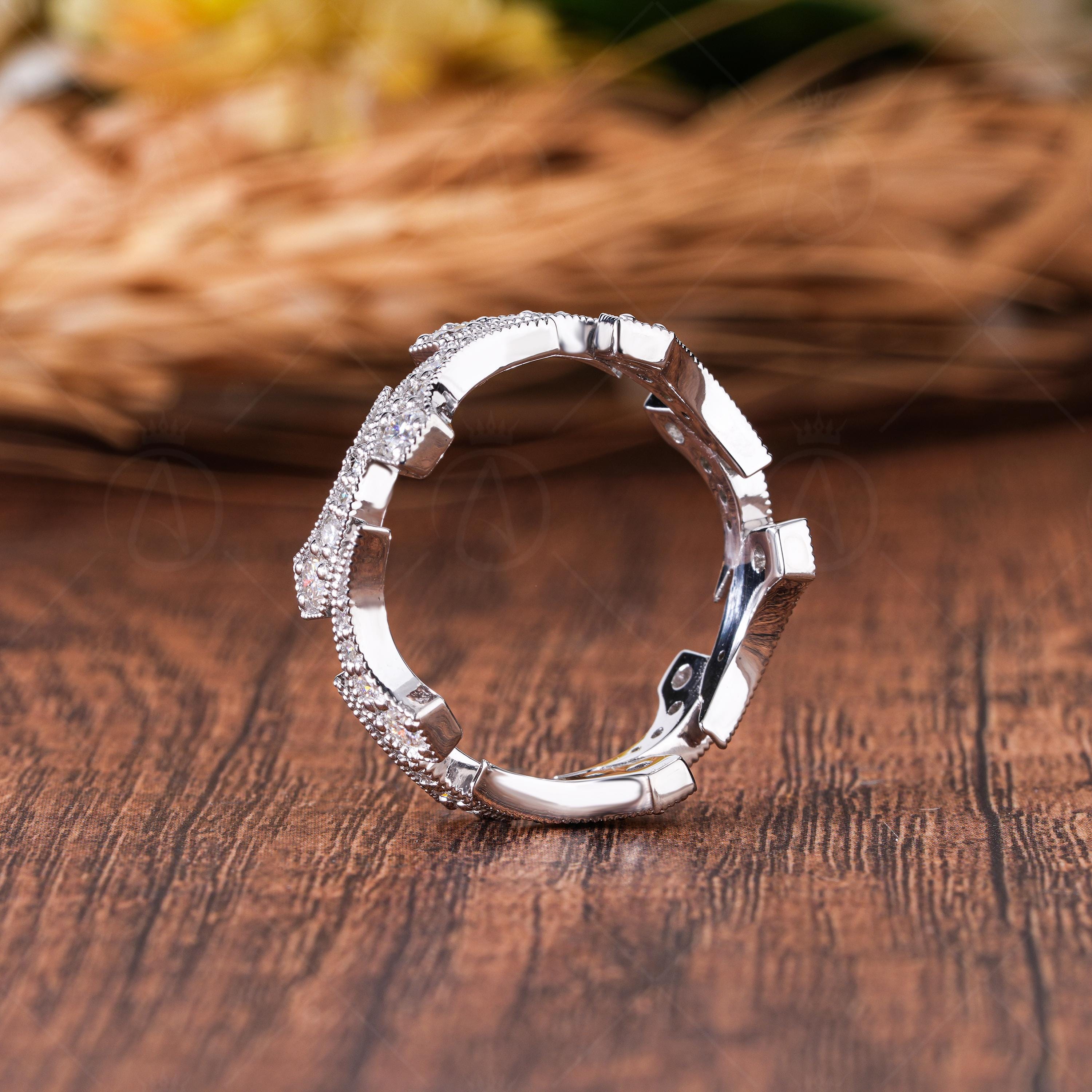 Vintage Moissanite Band, Curved Wedding Band, Art Deco Filigree Ring, Milgrain Stackable Ring, Unique Contour Wedding Ring