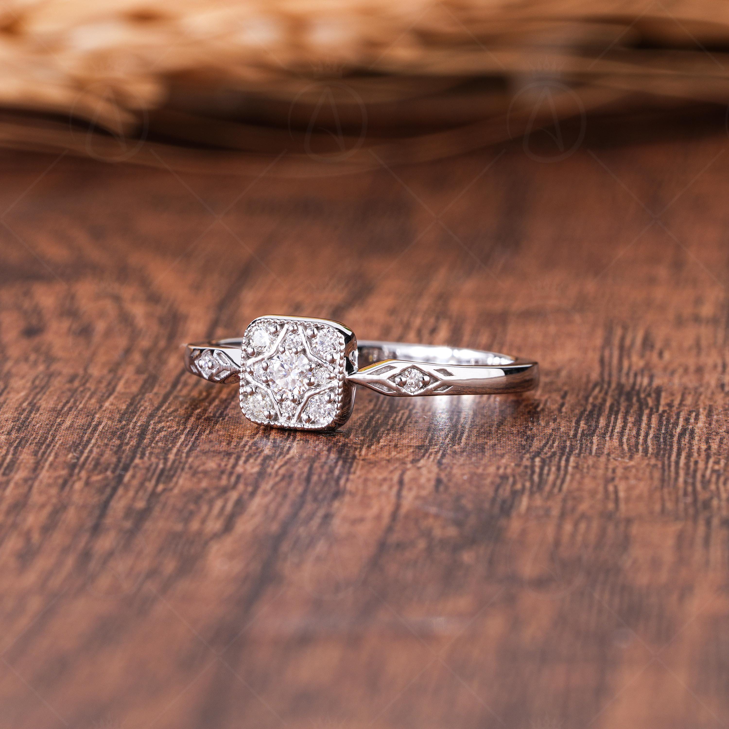 Vintage Moissanite Engagement Ring, Square Halo Cluster Ring, Art Deco Filigree Ring, Milgrain Antique Style Promise Ring