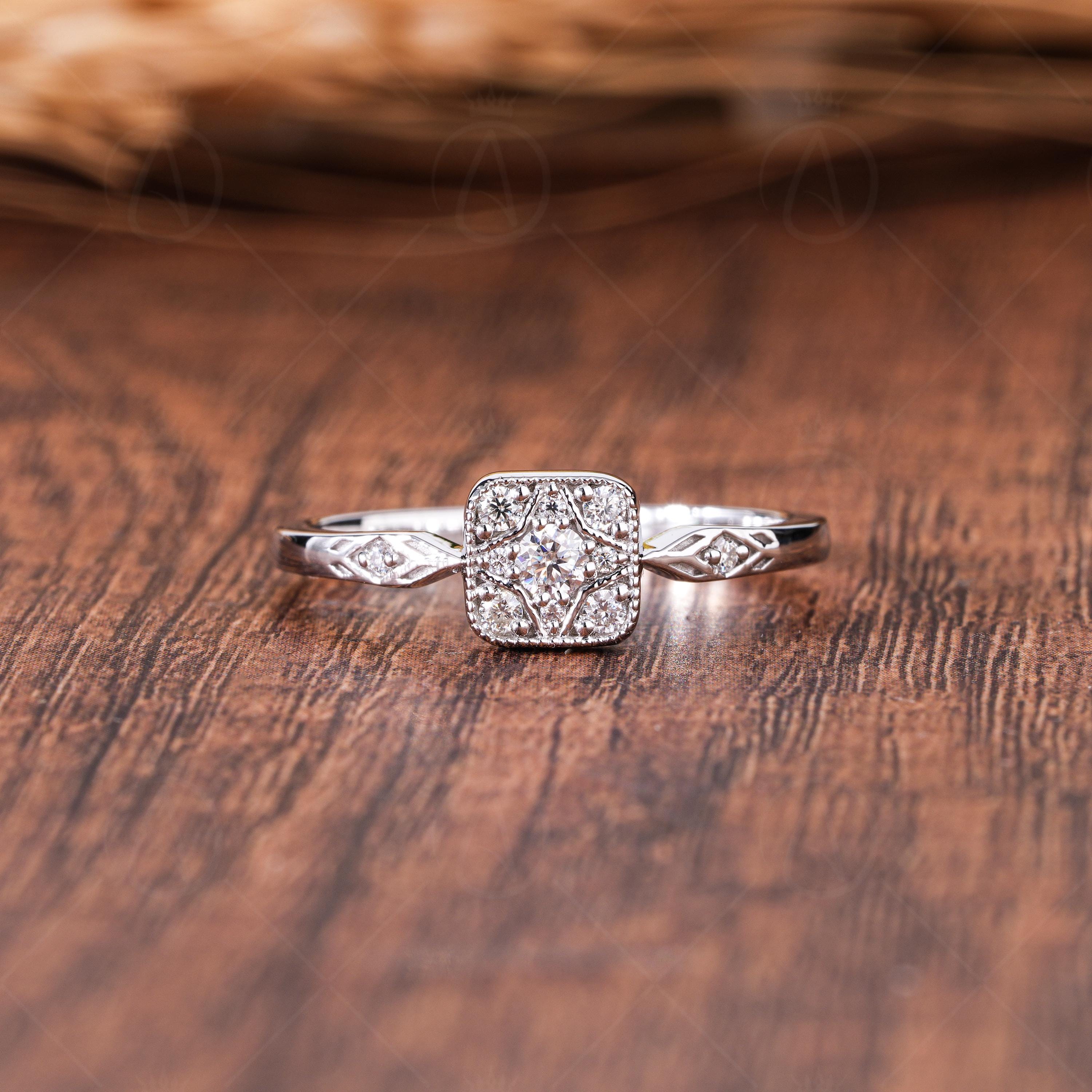 Vintage Moissanite Engagement Ring, Square Halo Cluster Ring, Art Deco Filigree Ring, Milgrain Antique Style Promise Ring