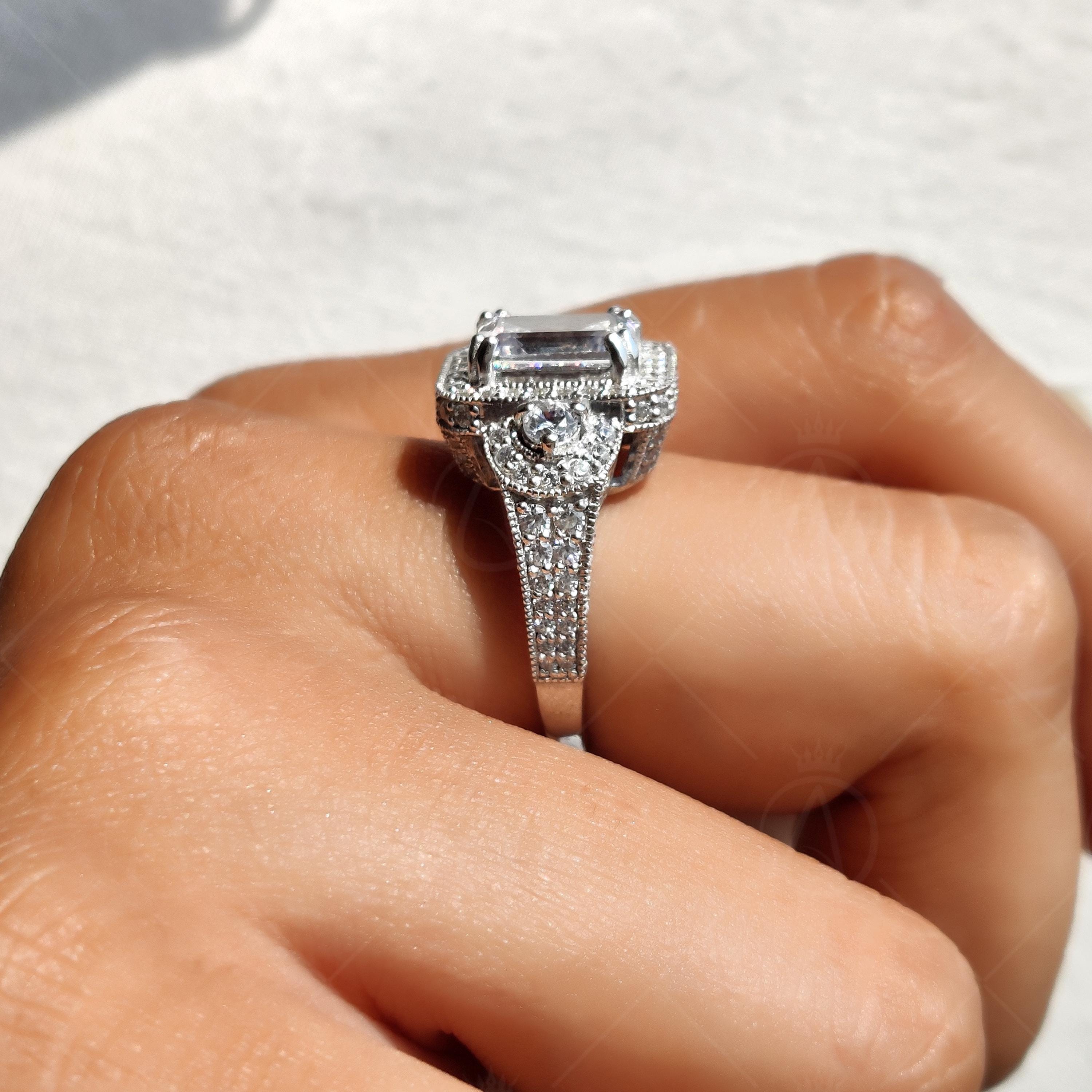 Emerald Cut Art Deco Milgrain Halo Engagement Ring