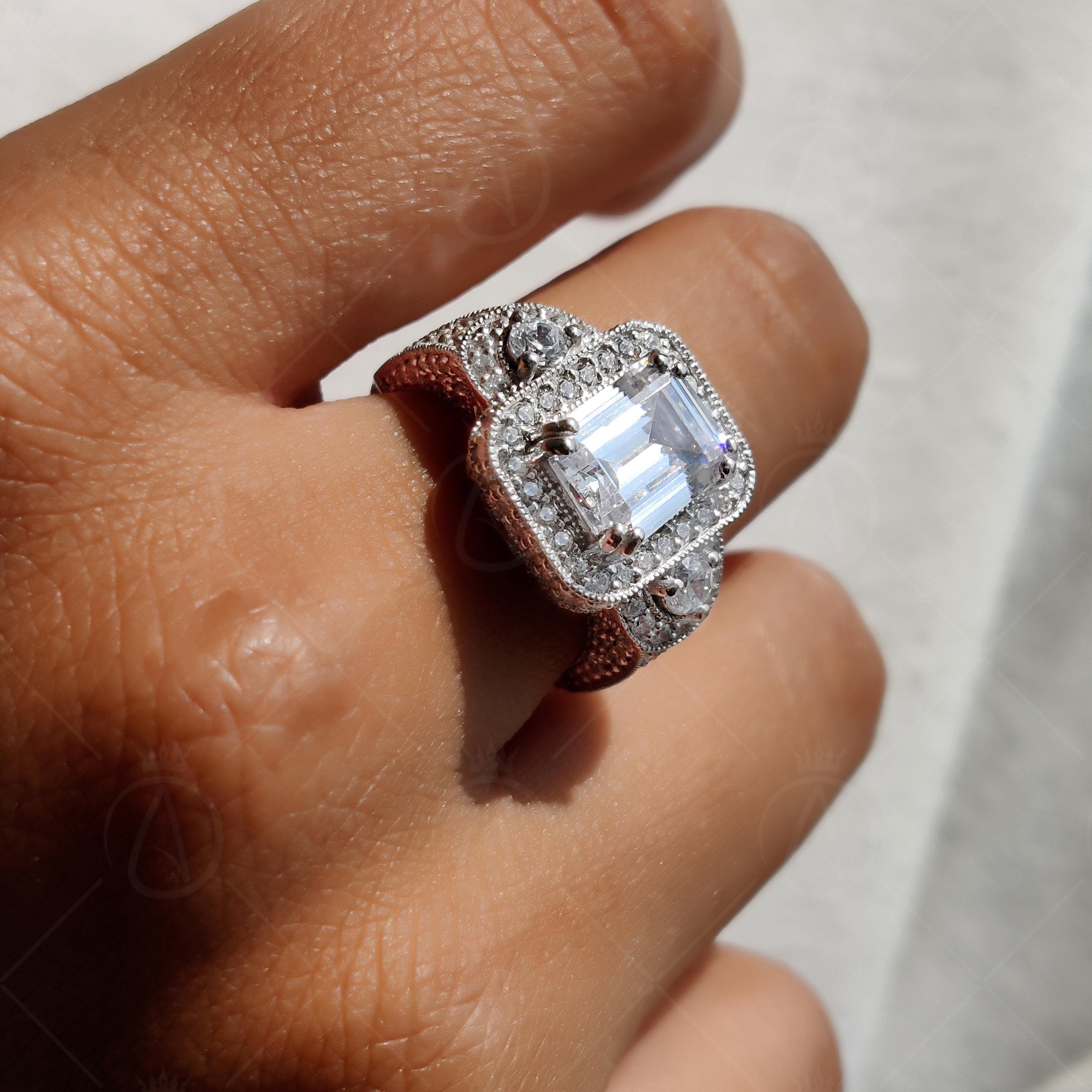 Emerald Cut Art Deco Milgrain Halo Engagement Ring