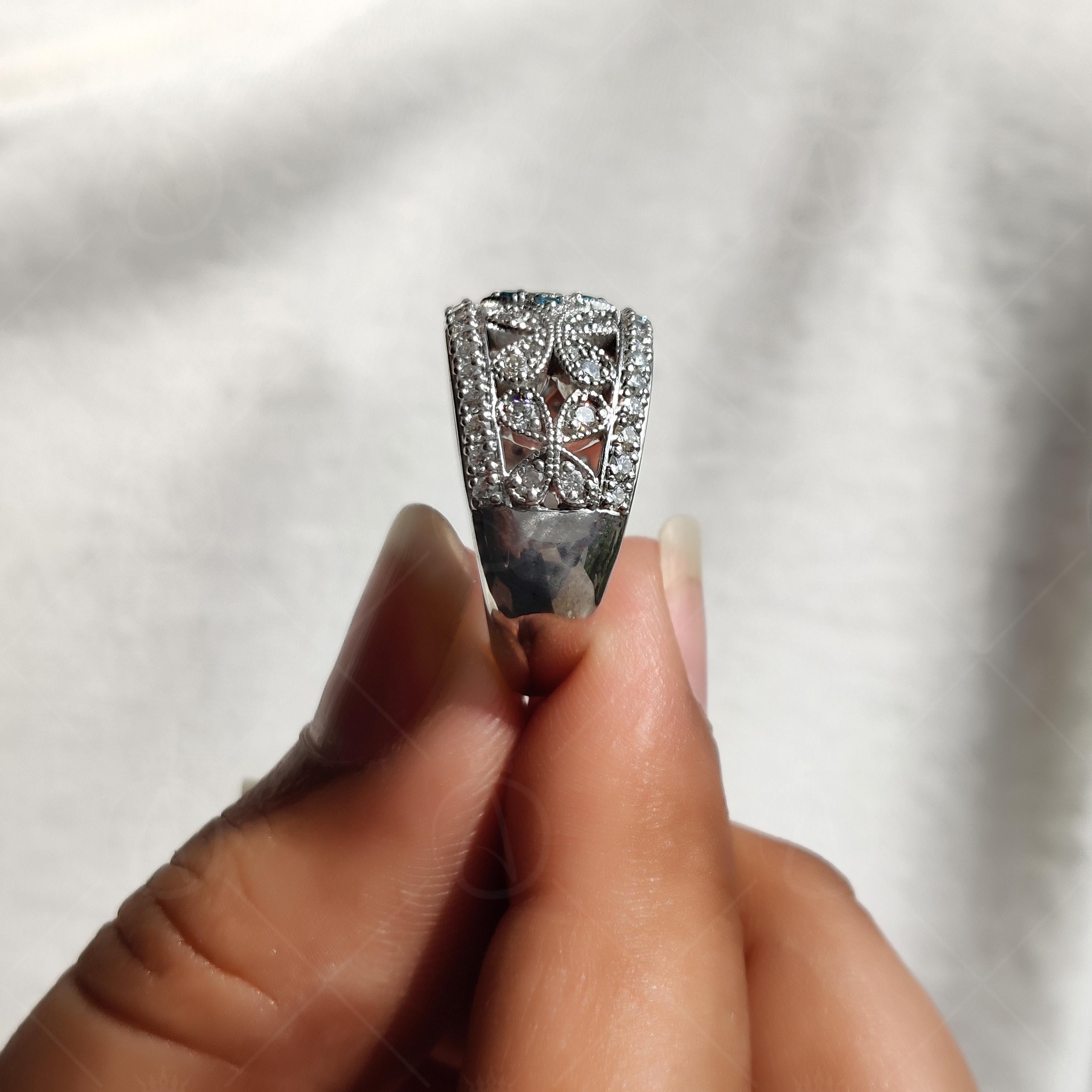 Vintage Aquamarine CZ Ring, Floral Moissanite Band, Wide Wedding Ring, Antique Style Band, Dome Statement Band