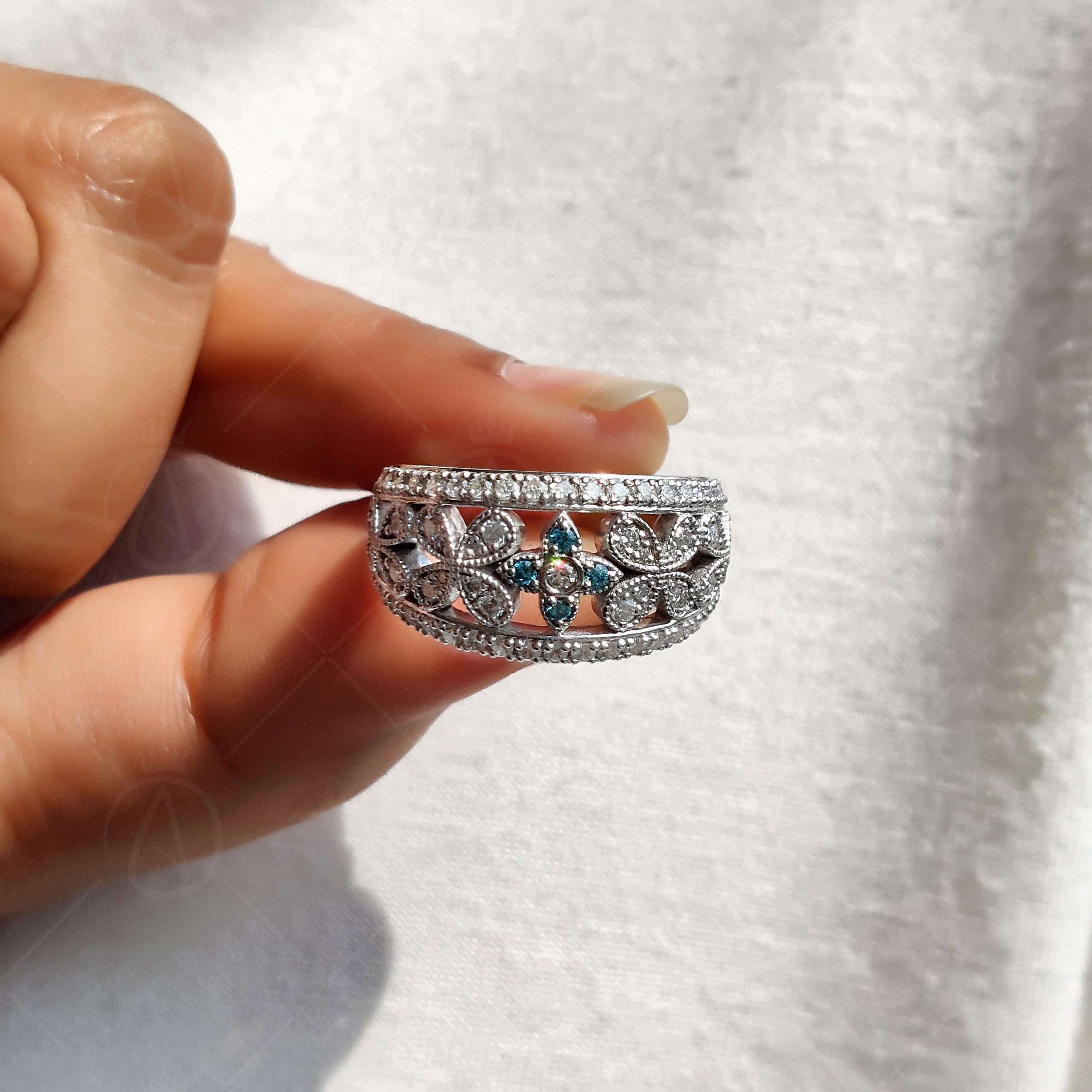 Vintage Aquamarine CZ Ring, Floral Moissanite Band, Wide Wedding Ring, Antique Style Band, Dome Statement Band