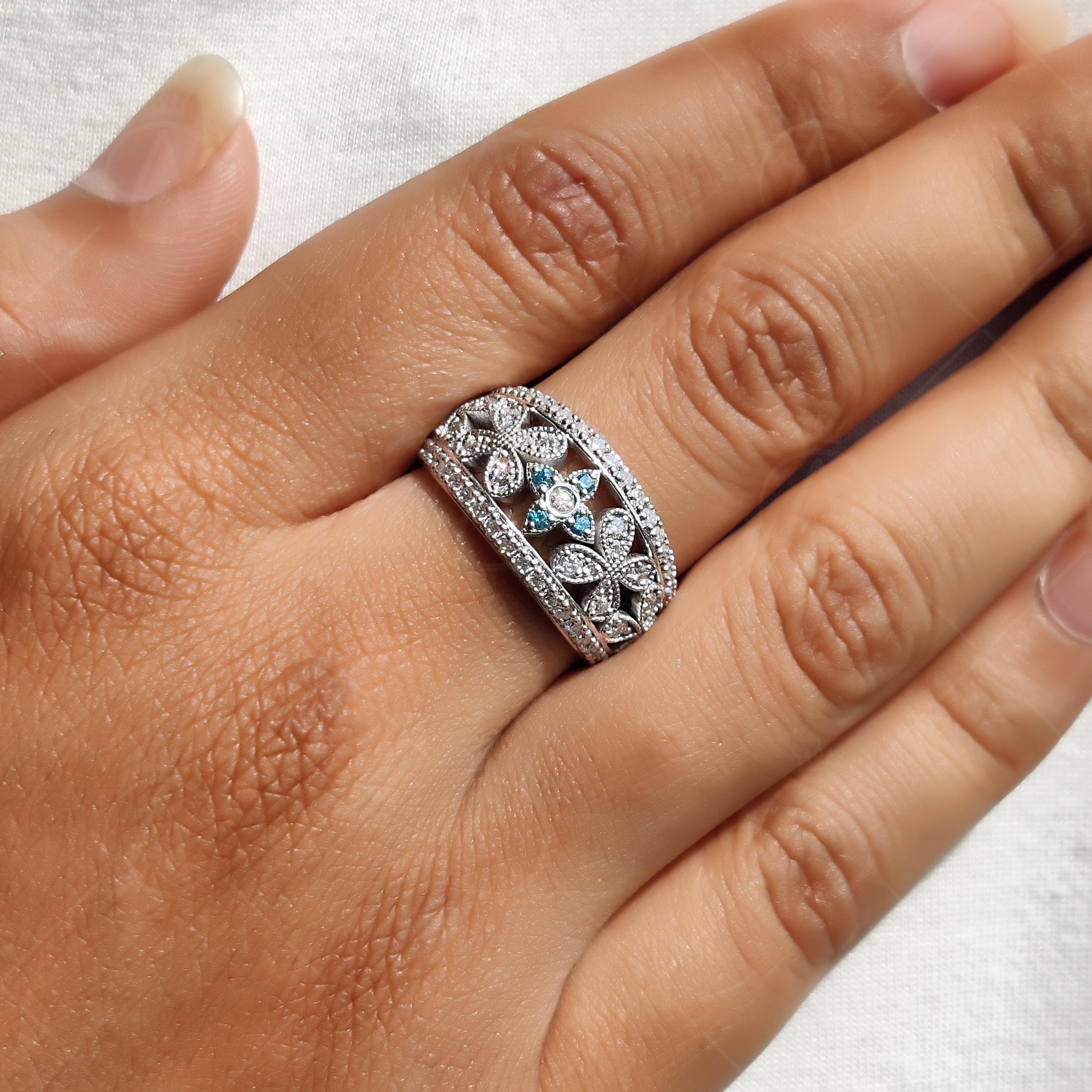 Vintage Aquamarine CZ Ring, Floral Moissanite Band, Wide Wedding Ring, Antique Style Band, Dome Statement Band