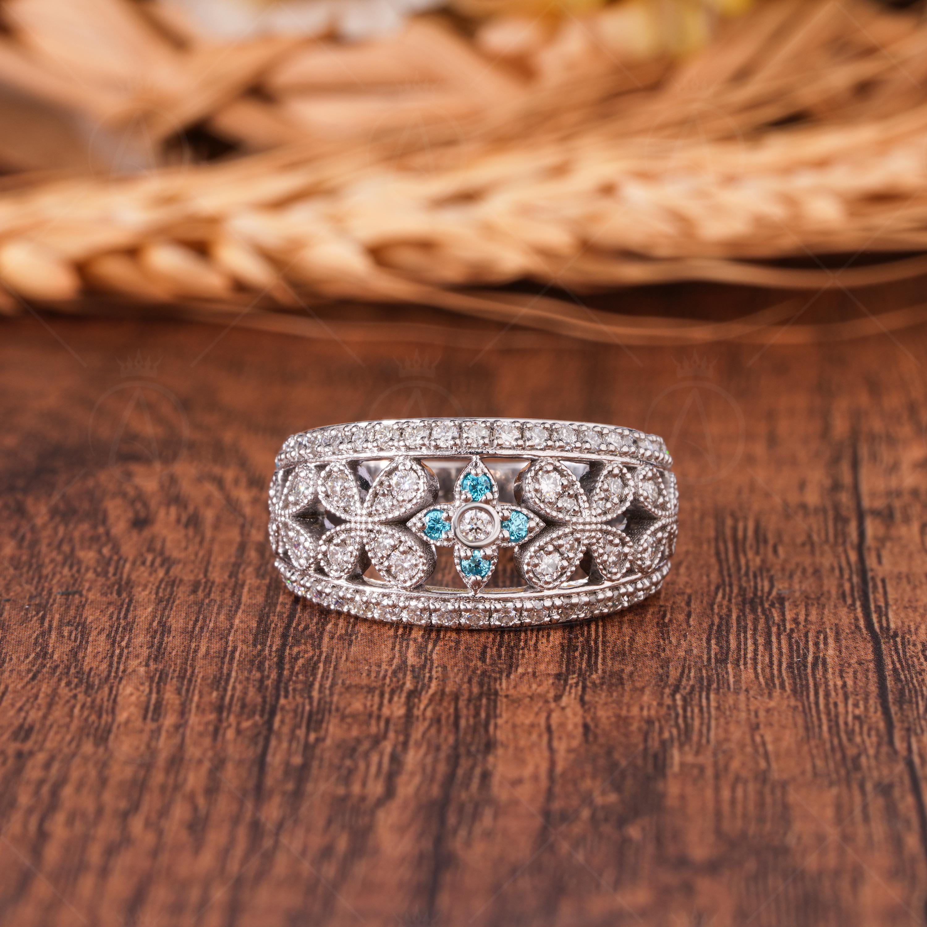 Vintage Aquamarine CZ Ring, Floral Moissanite Band, Wide Wedding Ring, Antique Style Band, Dome Statement Band