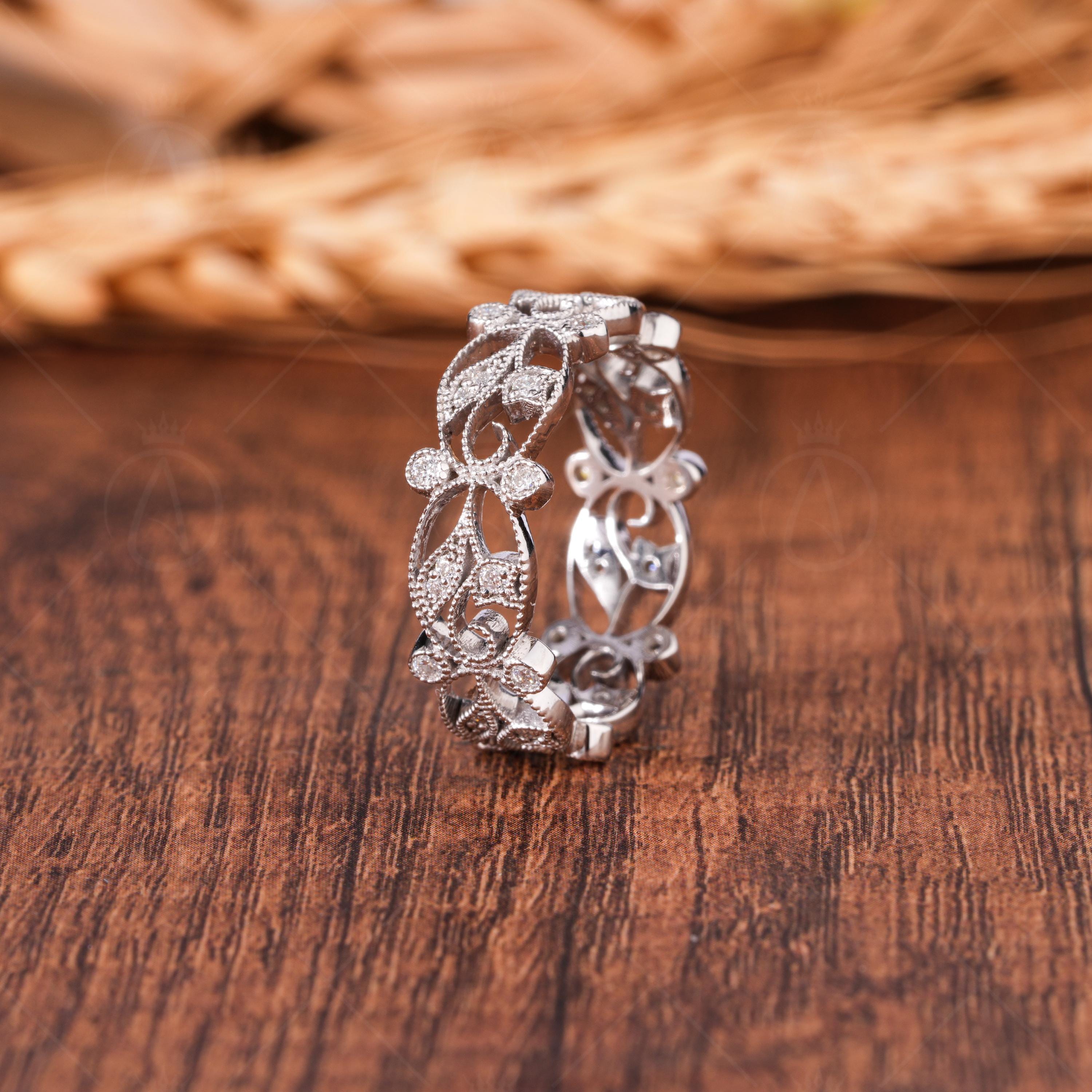 Vintage Floral Full Eternity Band Ring, Moissanite Wedding Band, Filigree Ring, Art Deco Band