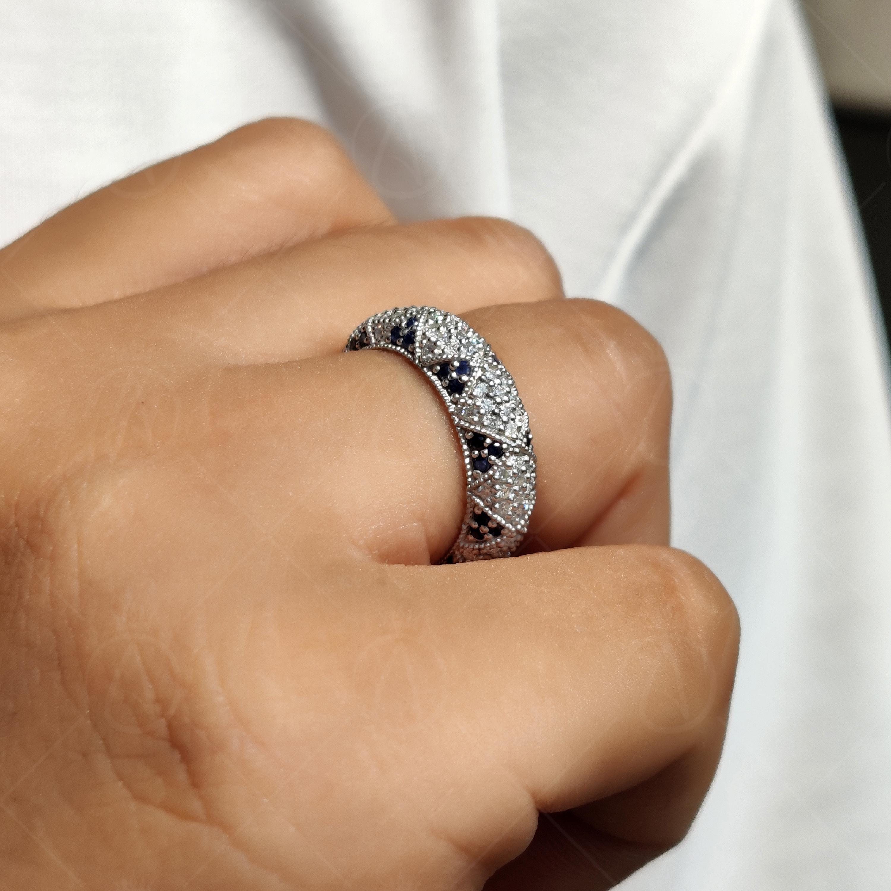 Moissanite Estate Wedding Bands Women, Natural Sapphire Dome Statement Ring, Art Deco Vintage Milgrain Band, Unique Full Eternity Band