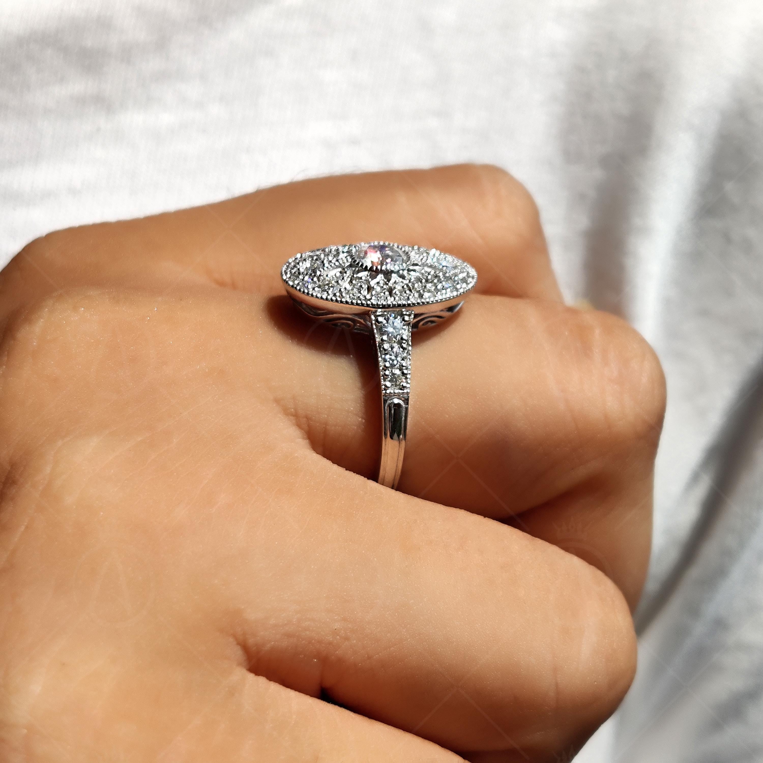 Openwork Art Deco Vintage Style Engagement Ring Long Oval Shaped Vintage Milgrain Ring Moissanite Promise Ring
