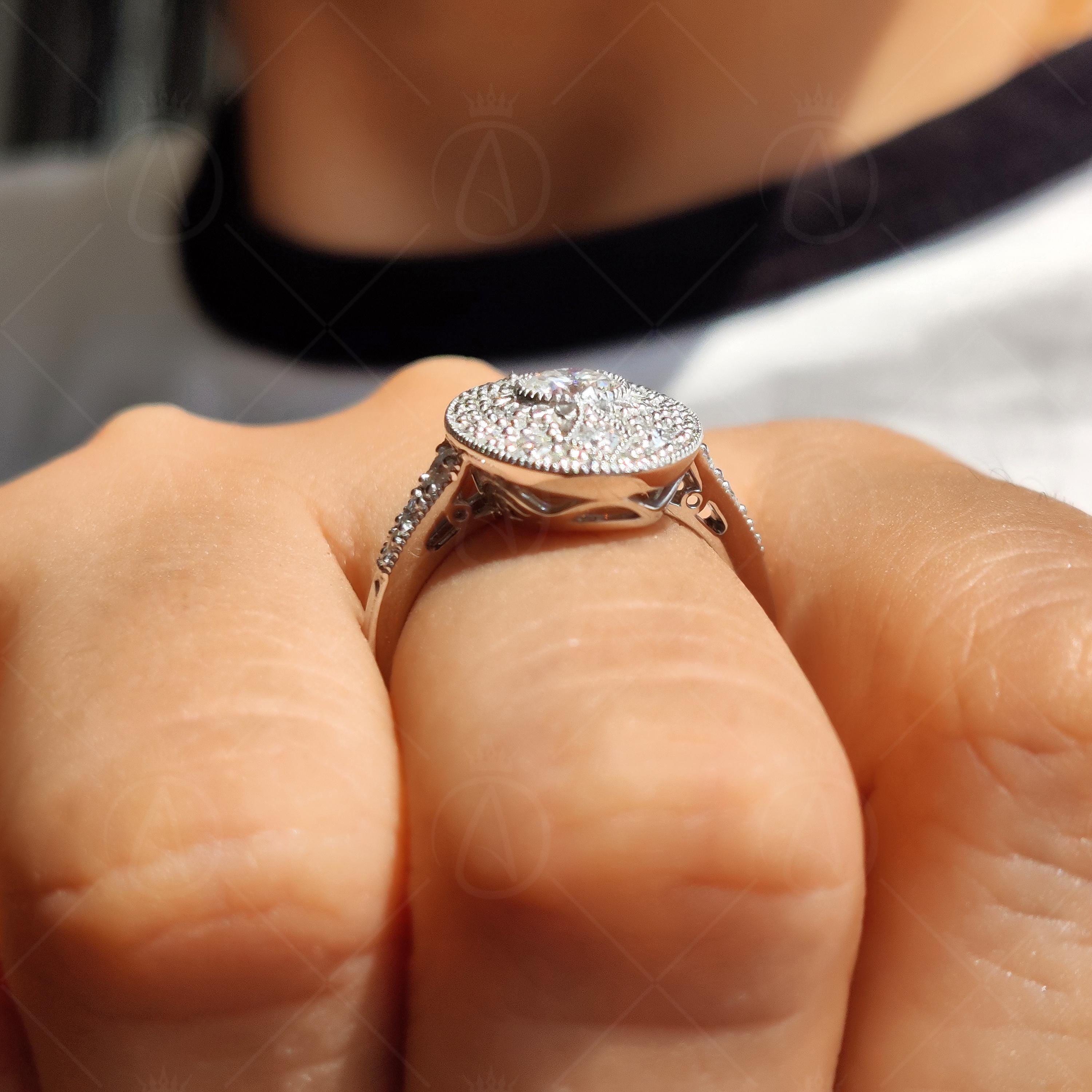 Openwork Art Deco Vintage Style Engagement Ring Long Oval Shaped Vintage Milgrain Ring Moissanite Promise Ring