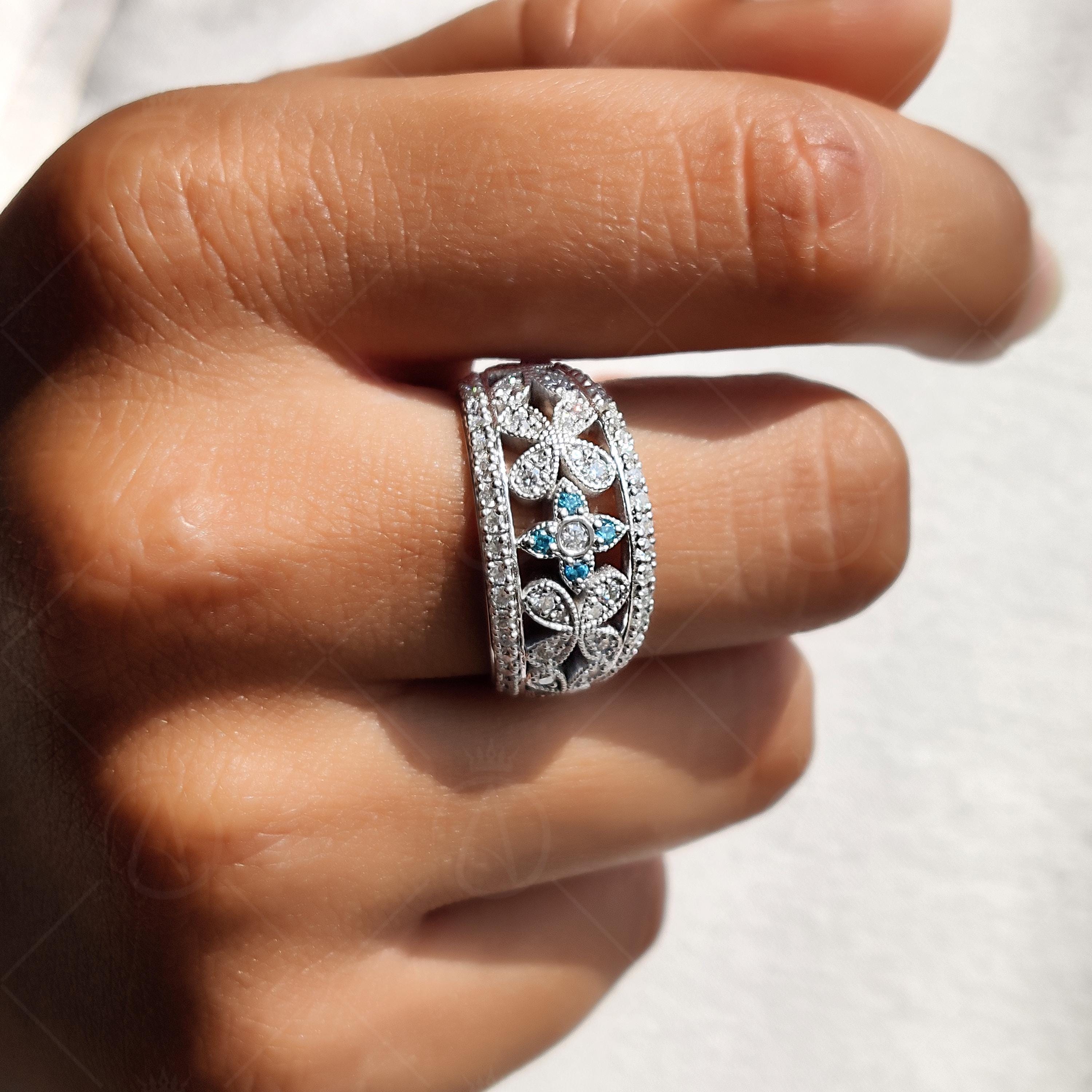 Vintage Aquamarine CZ Ring, Floral Moissanite Band, Wide Wedding Ring, Antique Style Band, Dome Statement Band