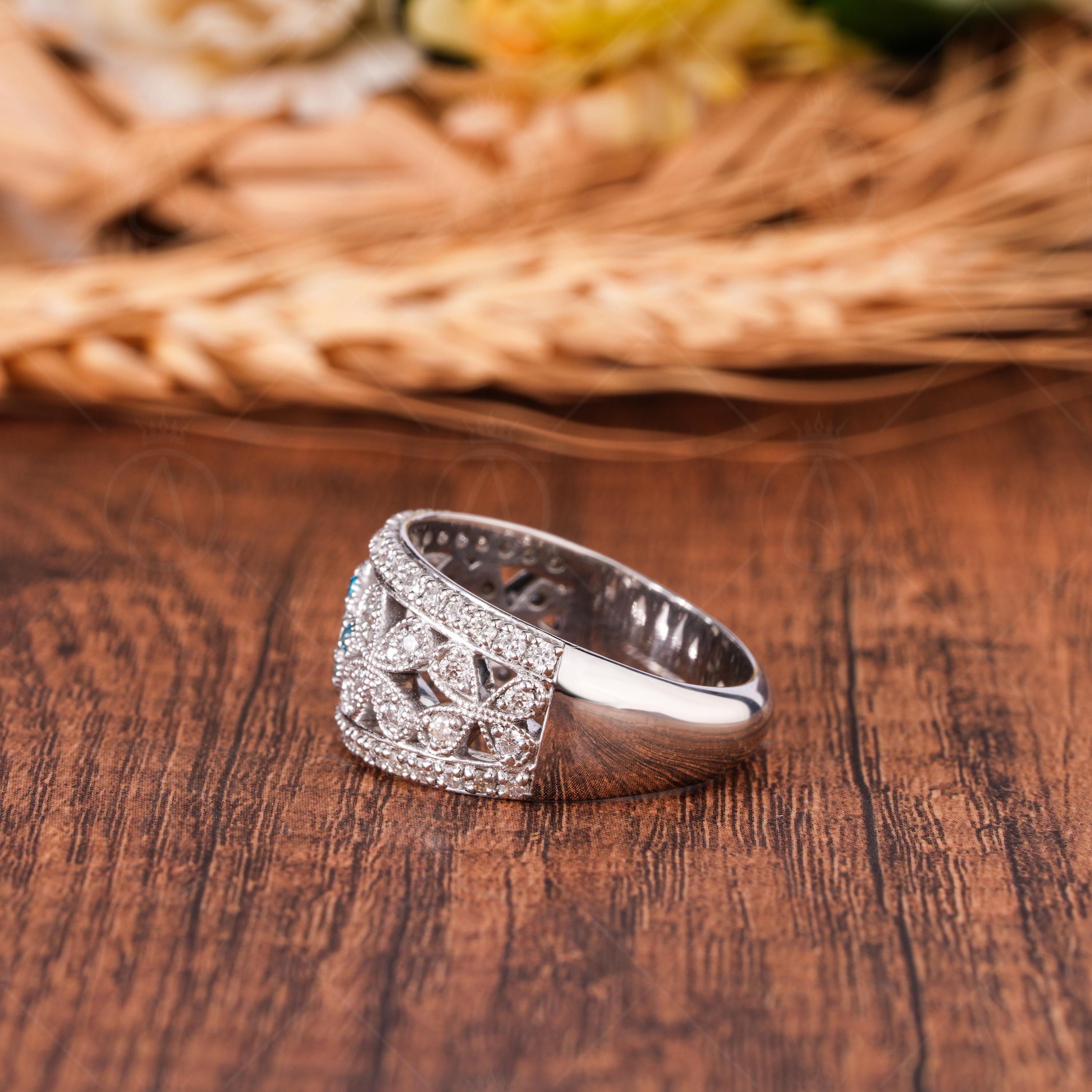 Vintage Aquamarine CZ Ring, Floral Moissanite Band, Wide Wedding Ring, Antique Style Band, Dome Statement Band